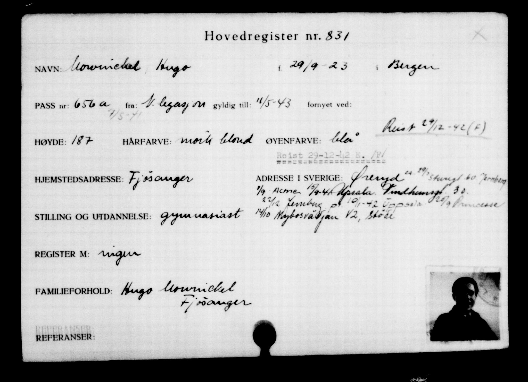 Utenriksstasjonene, Legasjonen i Stockholm, Flyktningkontoret, AV/RA-S-6753/V/Va/L0001: Kjesäterkartoteket, flyktninger med registreringsnr. 1-1000, 1940-1945, p. 1319