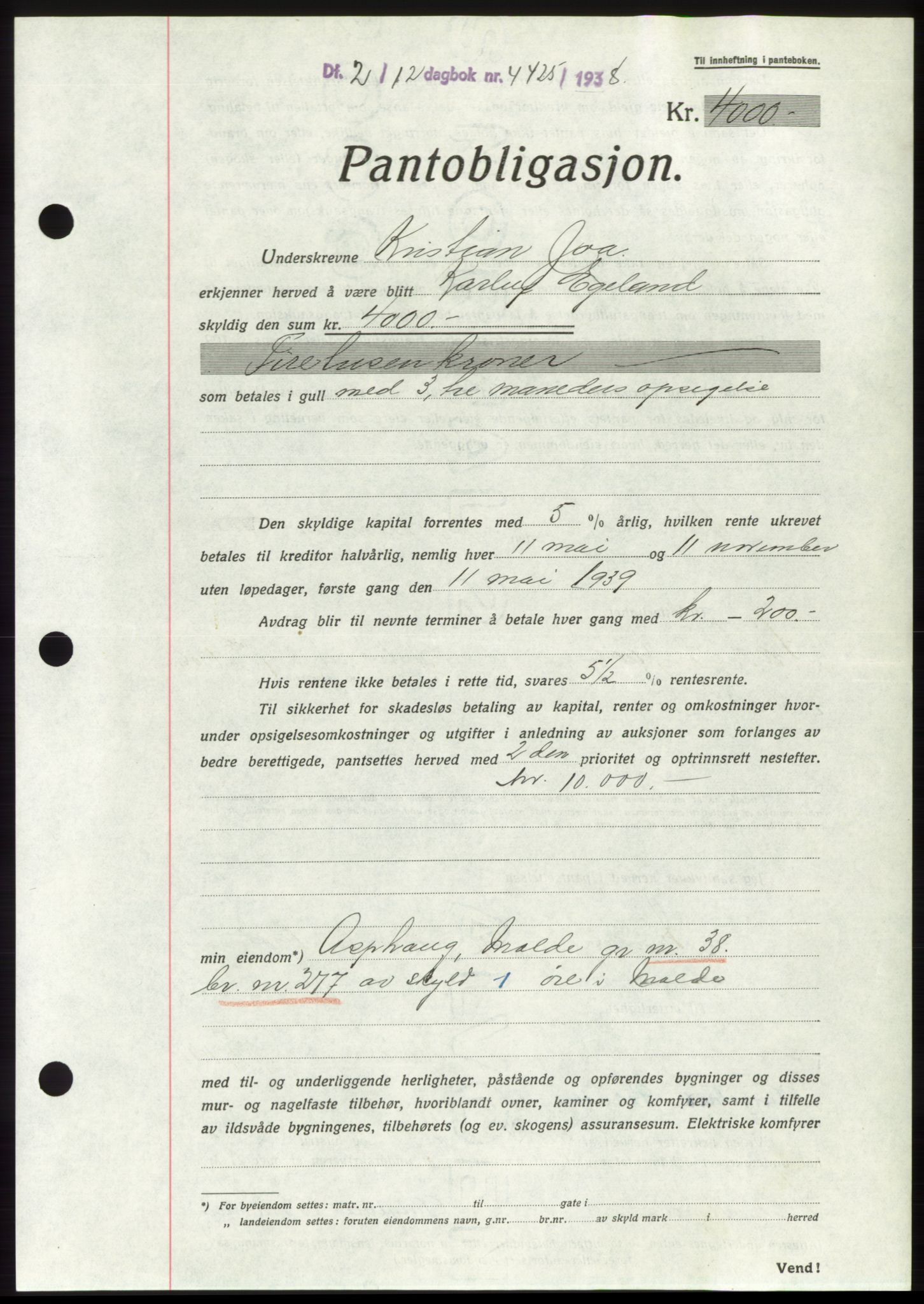 Jæren sorenskriveri, SAST/A-100310/03/G/Gba/L0072: Mortgage book, 1938-1938, Diary no: : 4425/1938