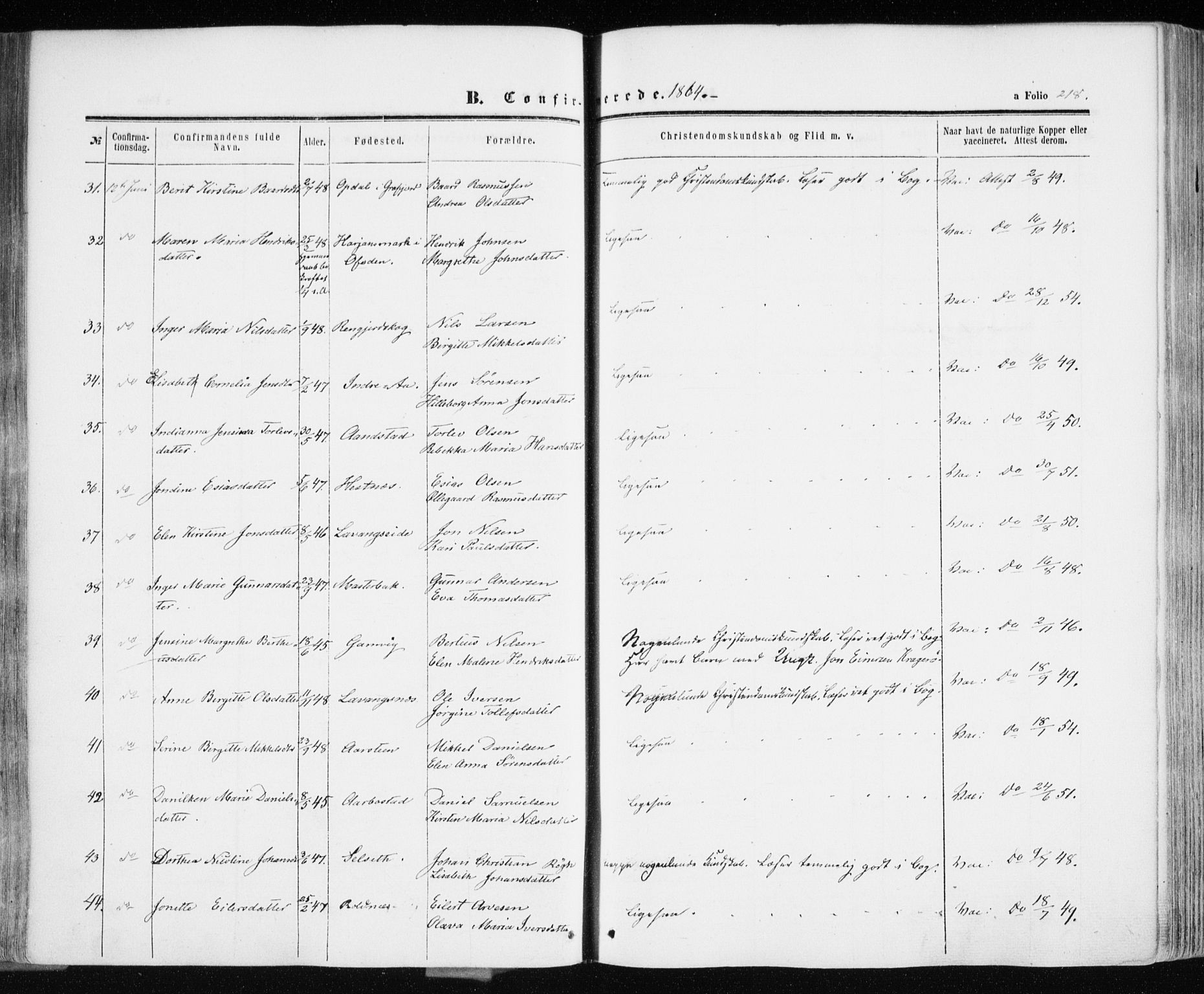 Ibestad sokneprestembete, AV/SATØ-S-0077/H/Ha/Haa/L0009kirke: Parish register (official) no. 9, 1859-1868, p. 218