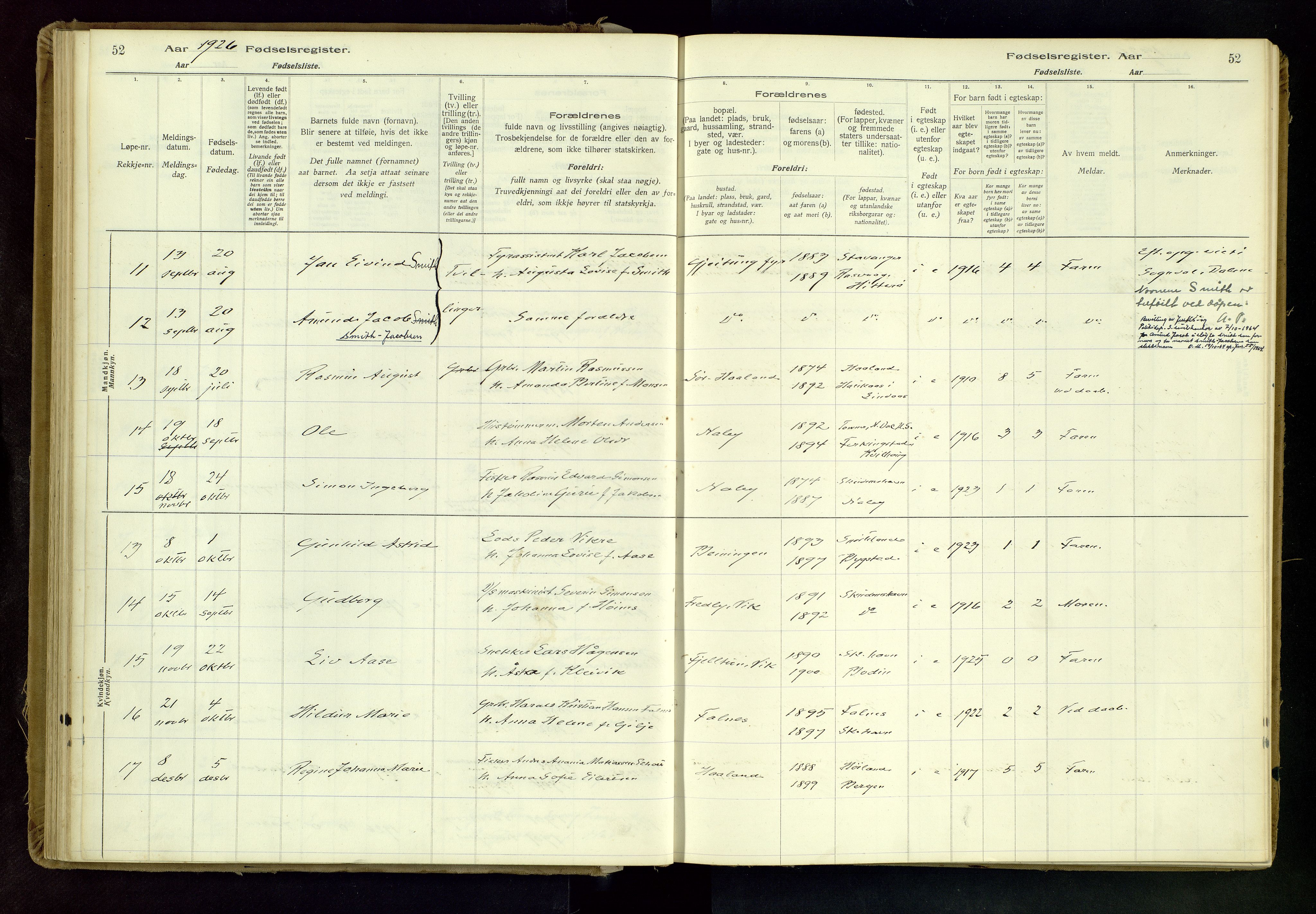 Skudenes sokneprestkontor, AV/SAST-A -101849/I/Id/L0001: Birth register no. 1, 1916-1964, p. 52