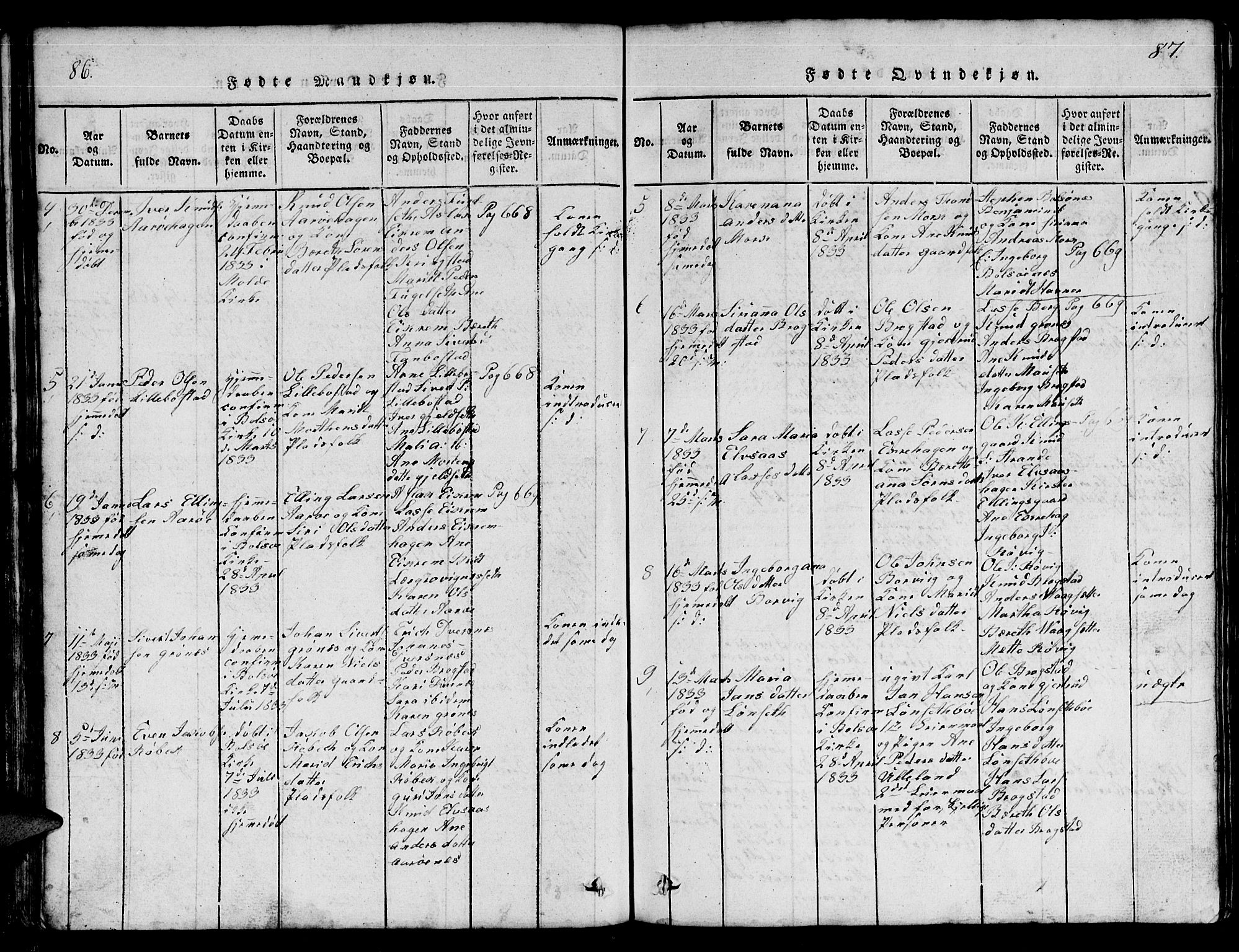 Ministerialprotokoller, klokkerbøker og fødselsregistre - Møre og Romsdal, AV/SAT-A-1454/555/L0665: Parish register (copy) no. 555C01, 1818-1868, p. 86-87