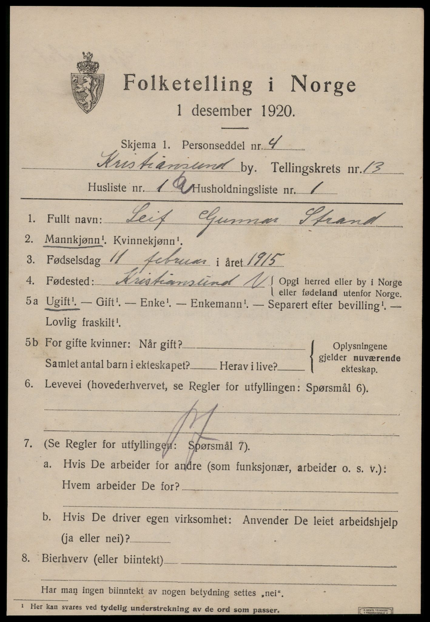 SAT, 1920 census for Kristiansund, 1920, p. 26435