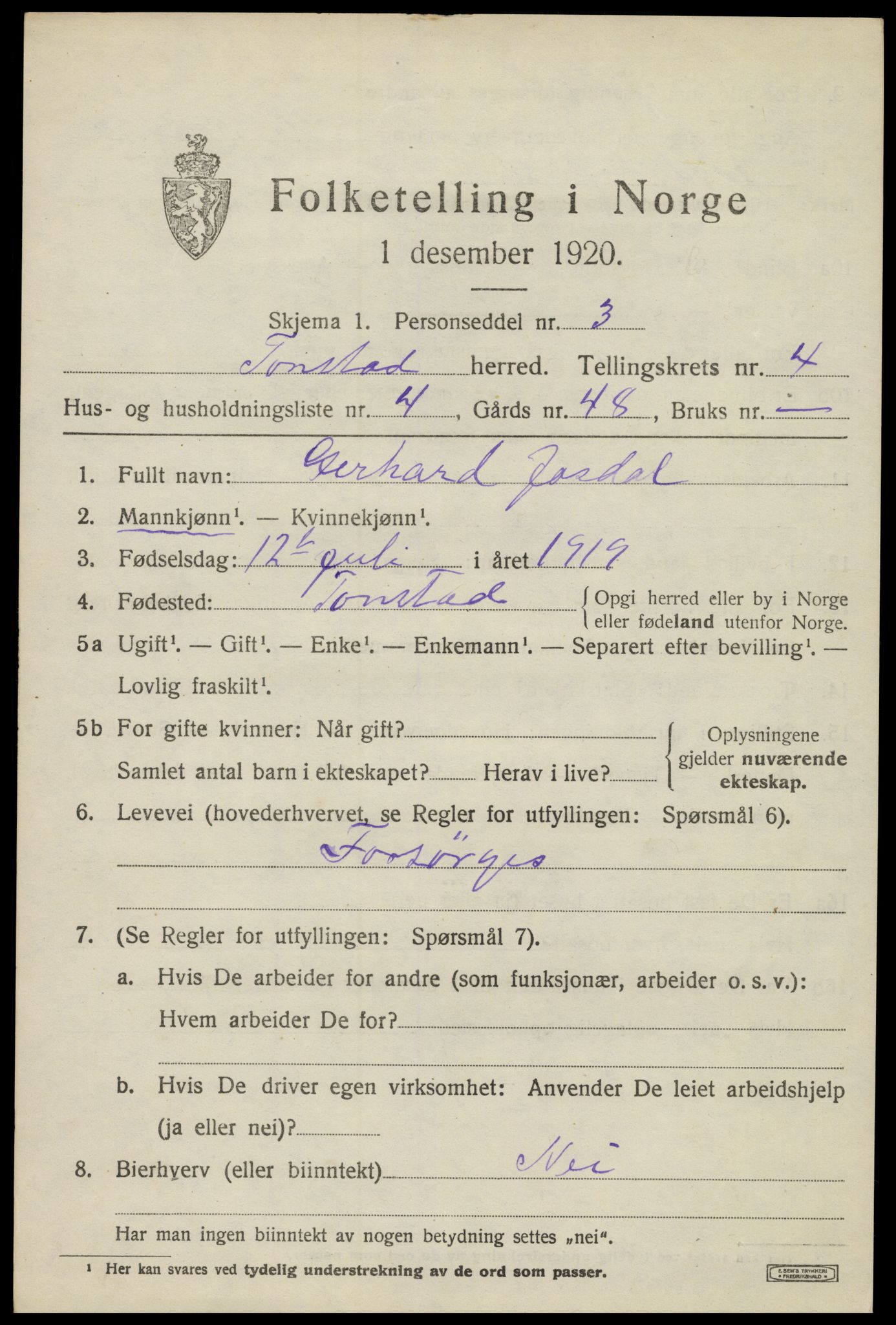 SAK, 1920 census for Tonstad, 1920, p. 1318