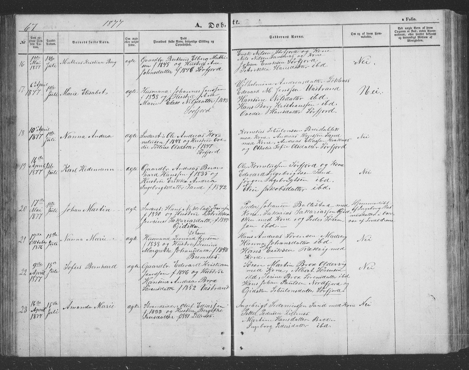Lenvik sokneprestembete, SATØ/S-1310/H/Ha/Hab/L0020klokker: Parish register (copy) no. 20, 1855-1883, p. 67
