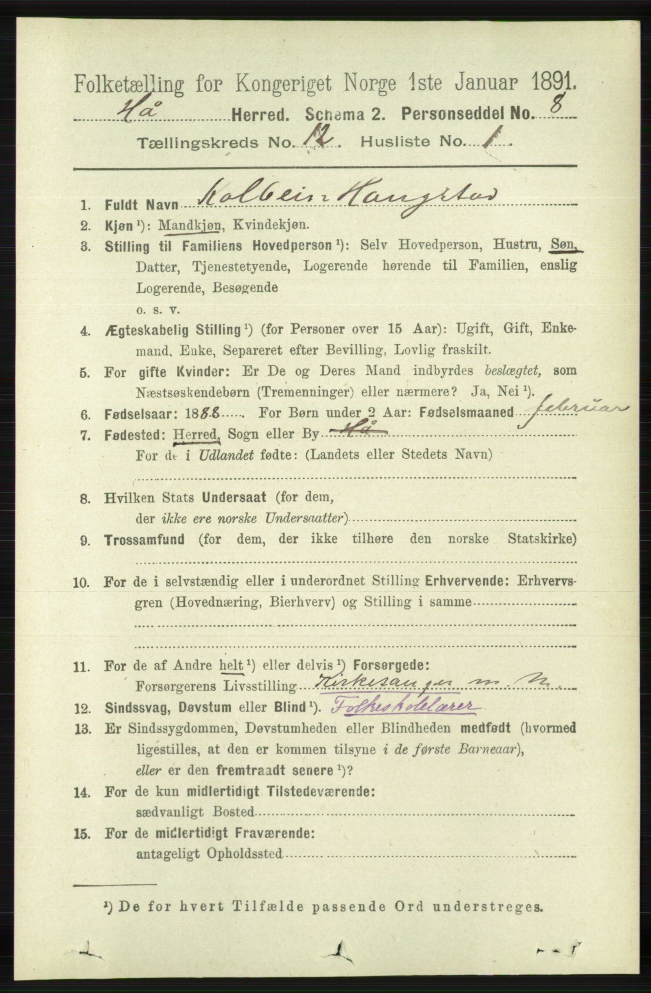 RA, 1891 census for 1119 Hå, 1891, p. 2890