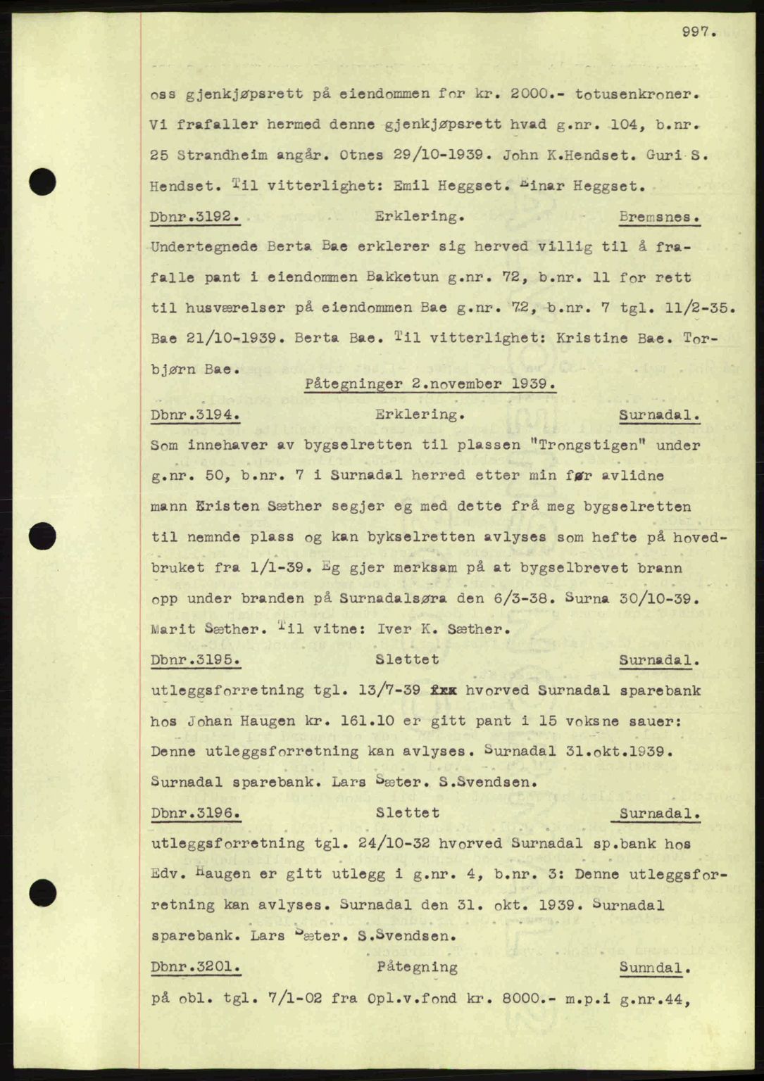 Nordmøre sorenskriveri, AV/SAT-A-4132/1/2/2Ca: Mortgage book no. C80, 1936-1939, Diary no: : 3192/1939