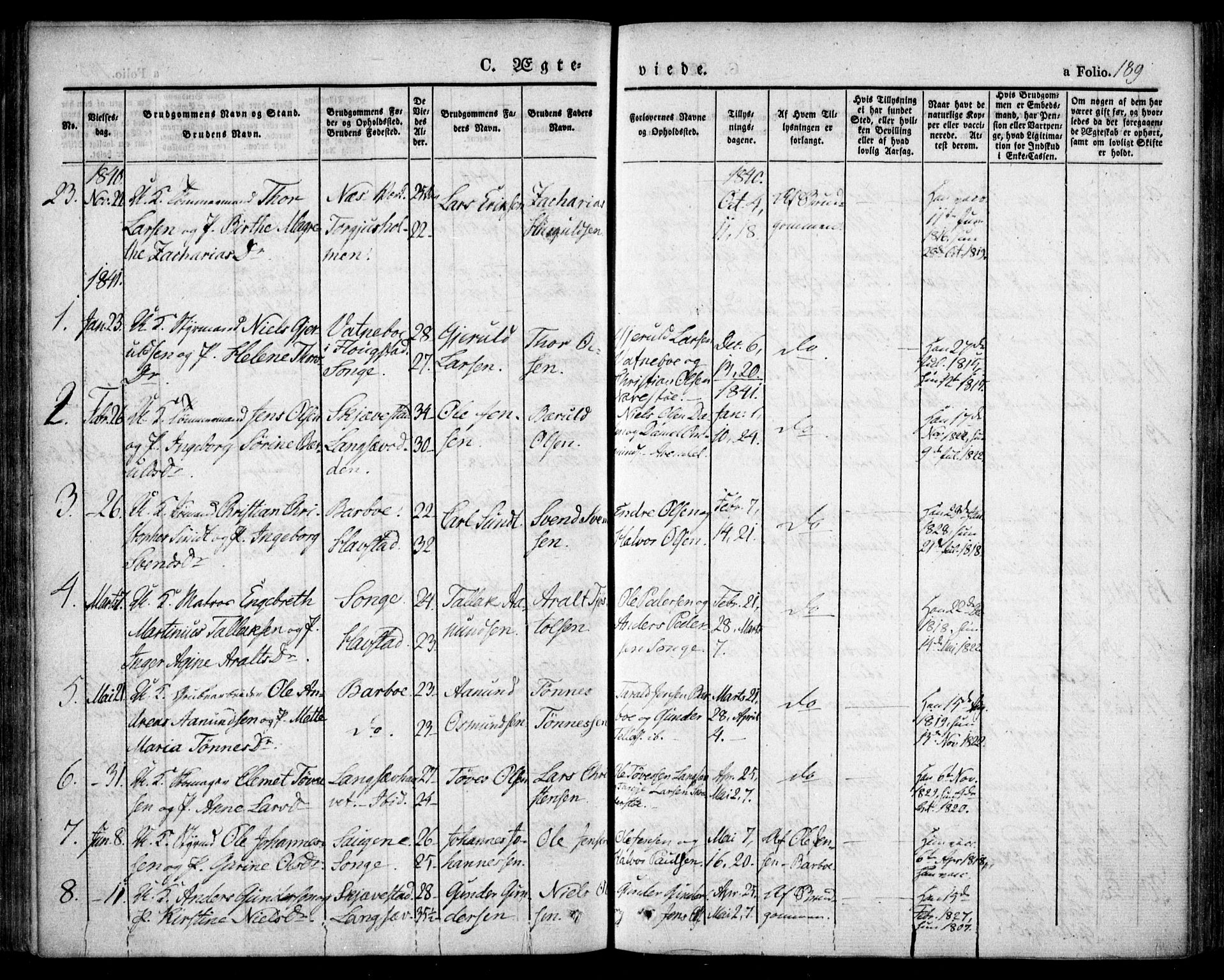 Tromøy sokneprestkontor, AV/SAK-1111-0041/F/Fa/L0004: Parish register (official) no. A 4, 1837-1846, p. 189