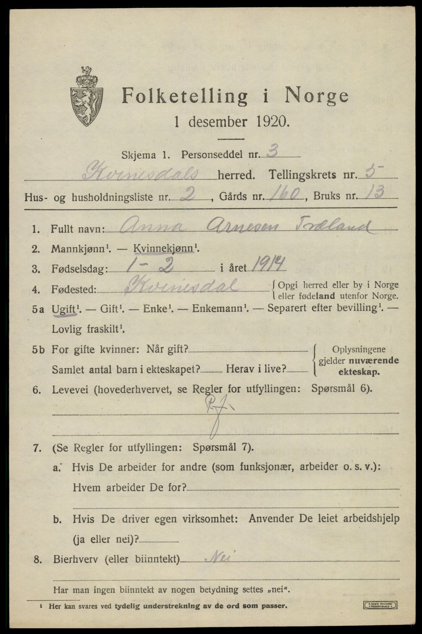 SAK, 1920 census for Kvinesdal, 1920, p. 5723