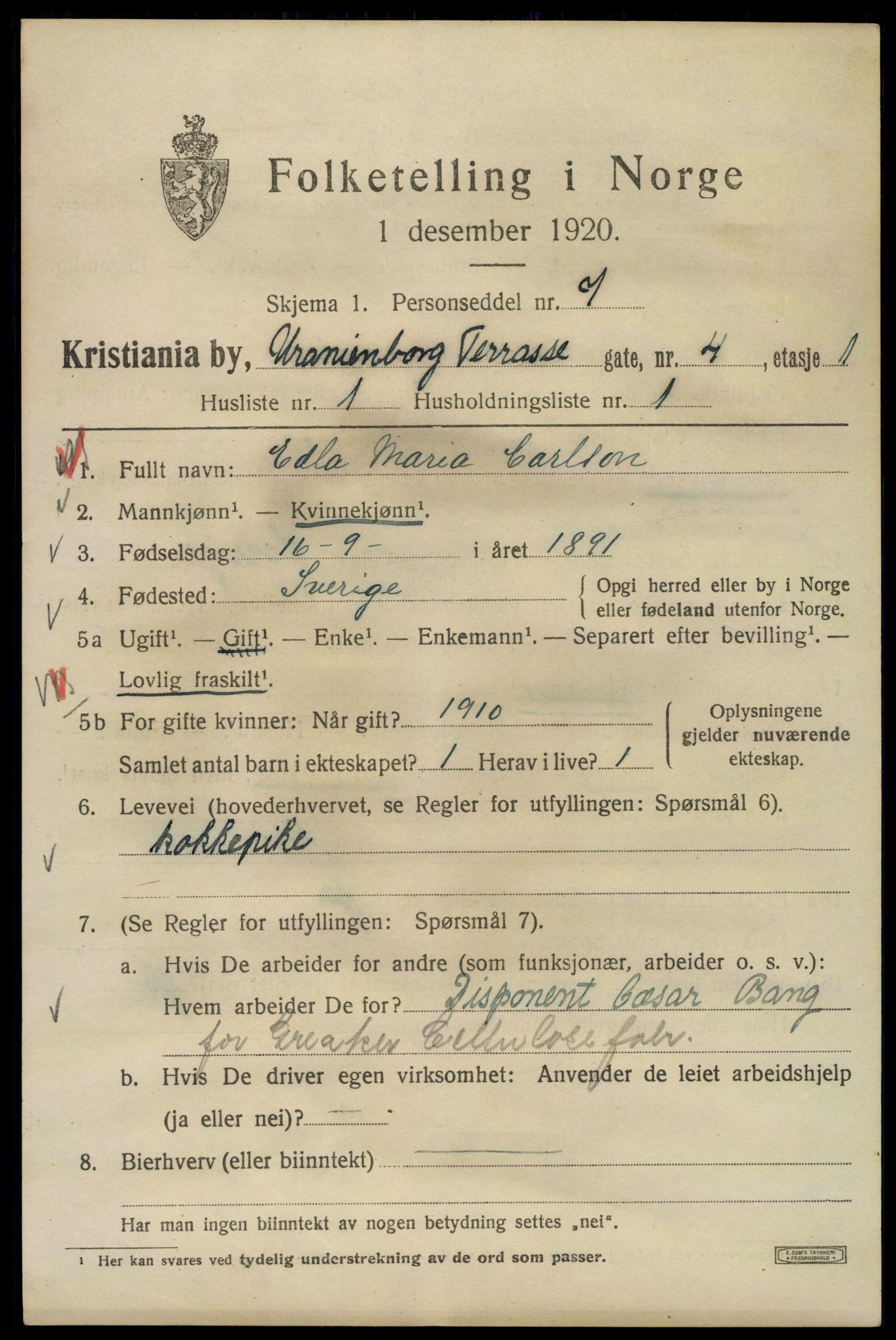 SAO, 1920 census for Kristiania, 1920, p. 618915