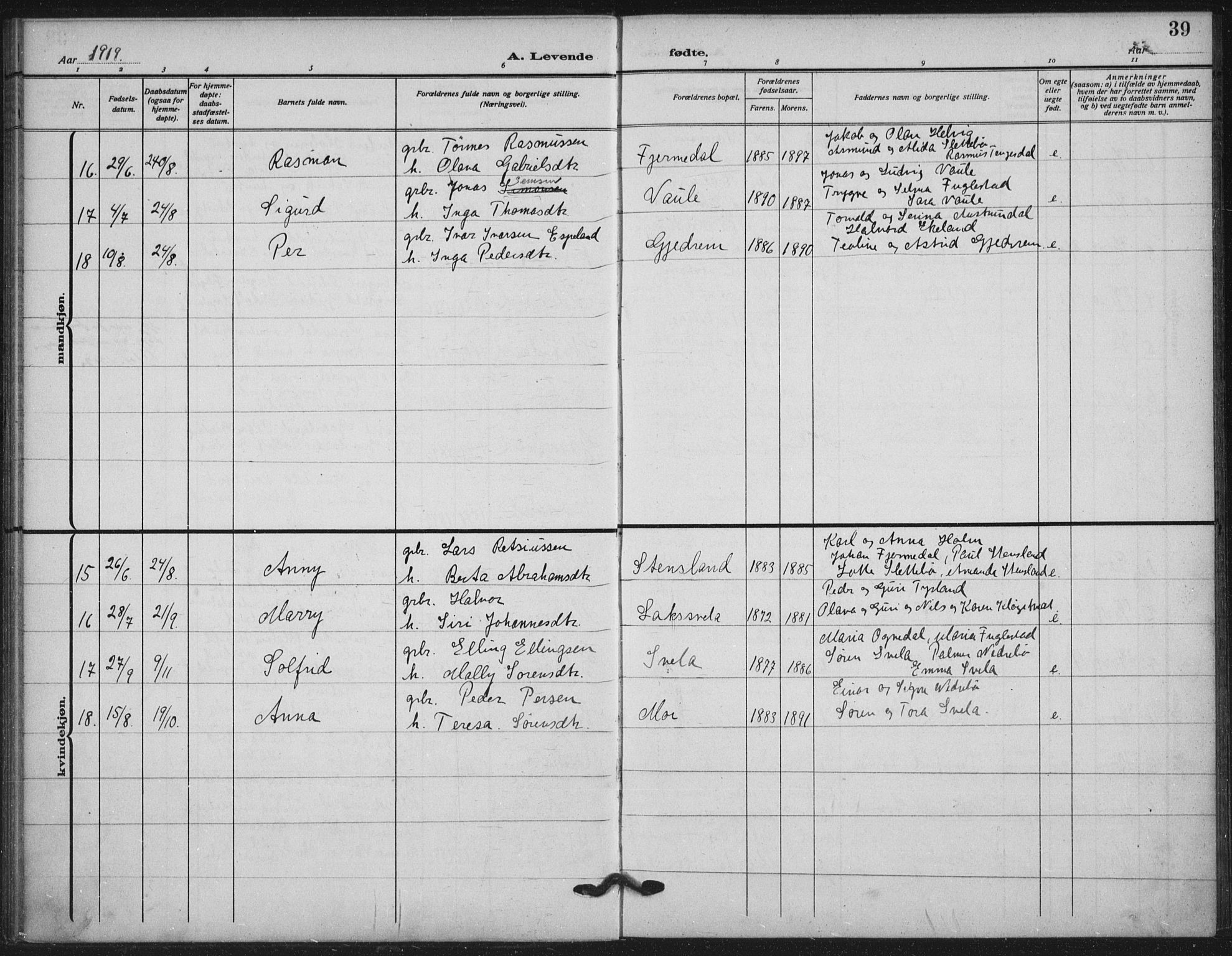 Helleland sokneprestkontor, AV/SAST-A-101810: Parish register (official) no. A 11, 1909-1922, p. 39