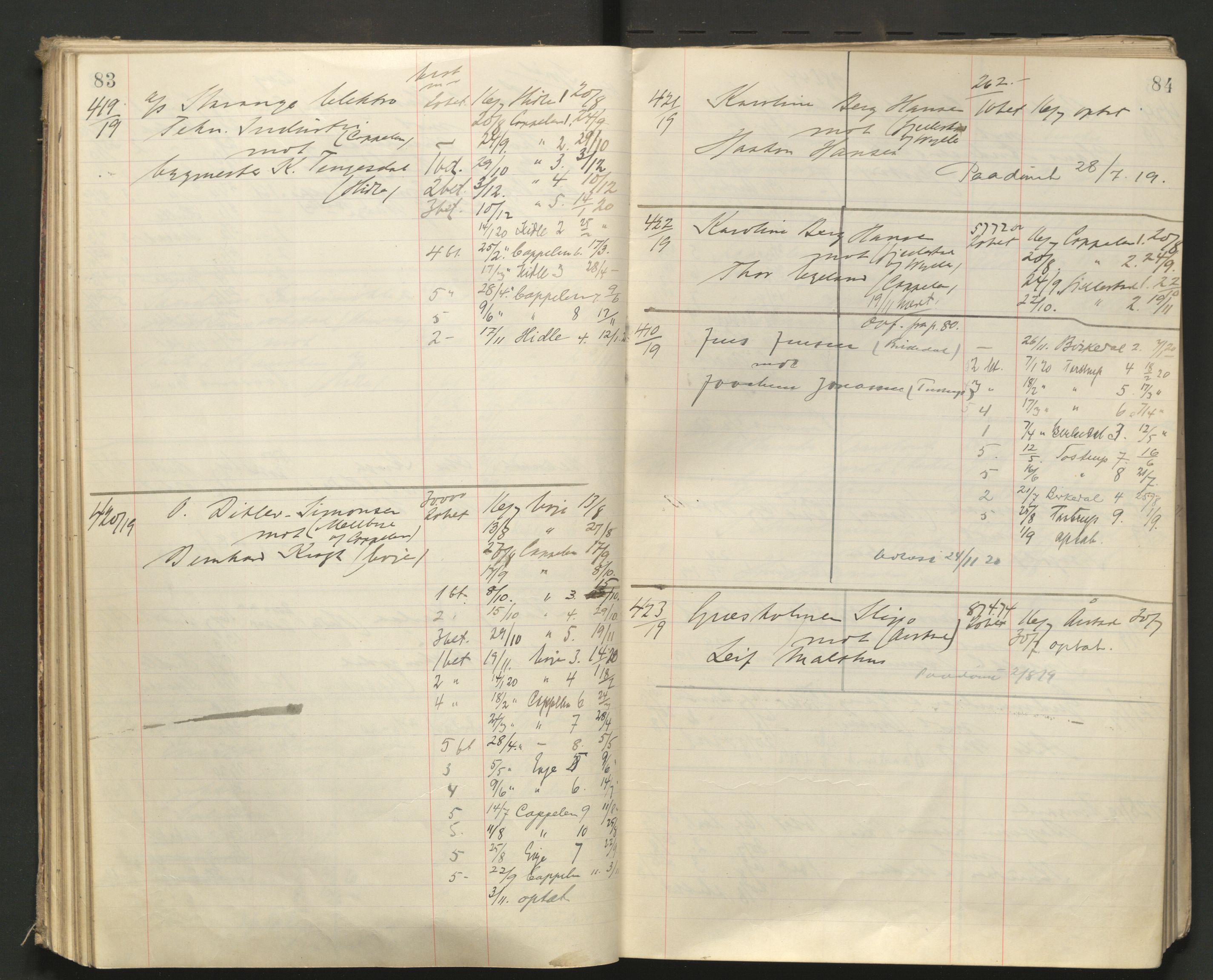 Stavanger byfogd, AV/SAST-A-101408/001/3/32/32A/L0008: Saksliste for Stavanger byting, 1919-1920, p. 83-84