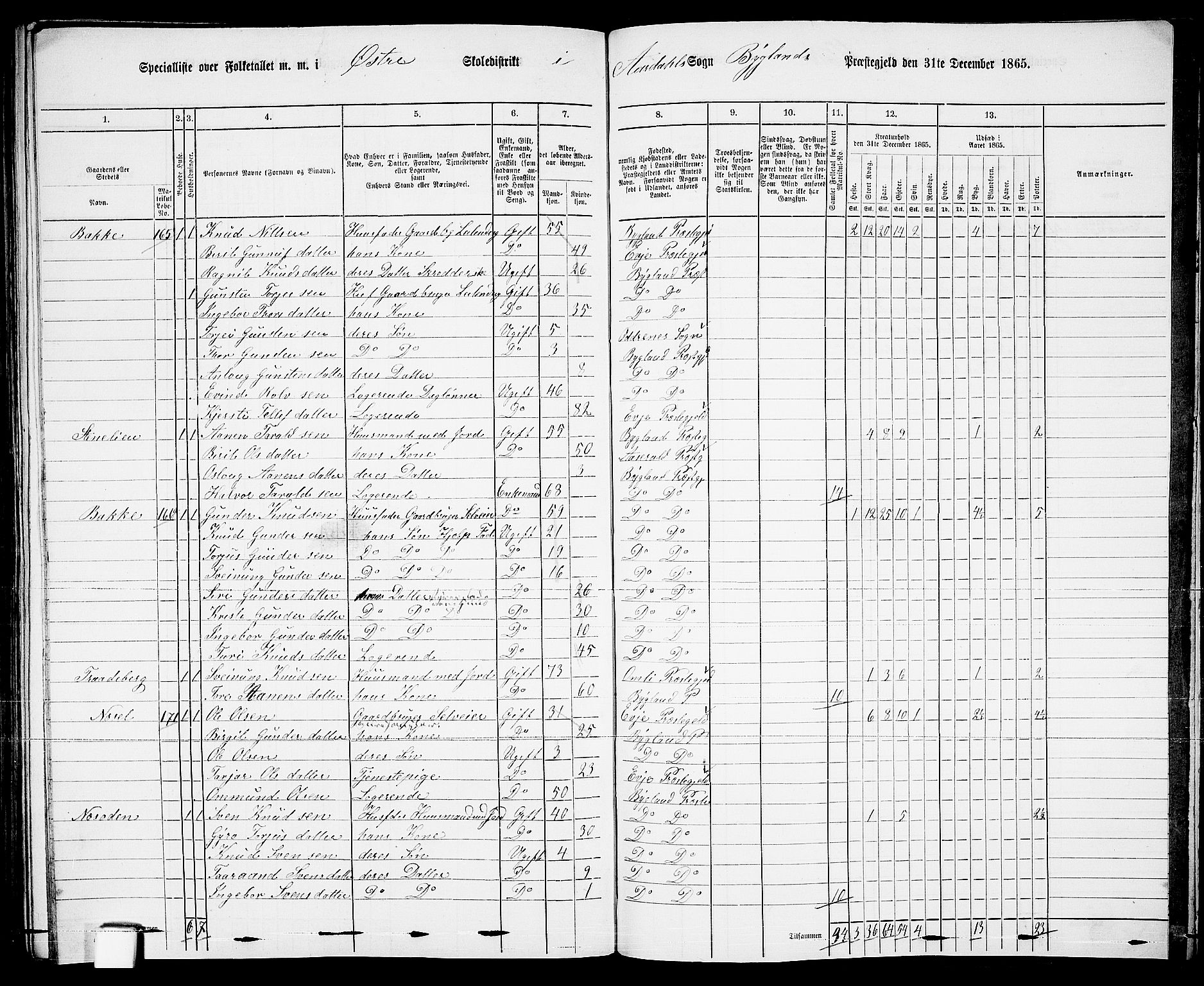 RA, 1865 census for Bygland, 1865, p. 87