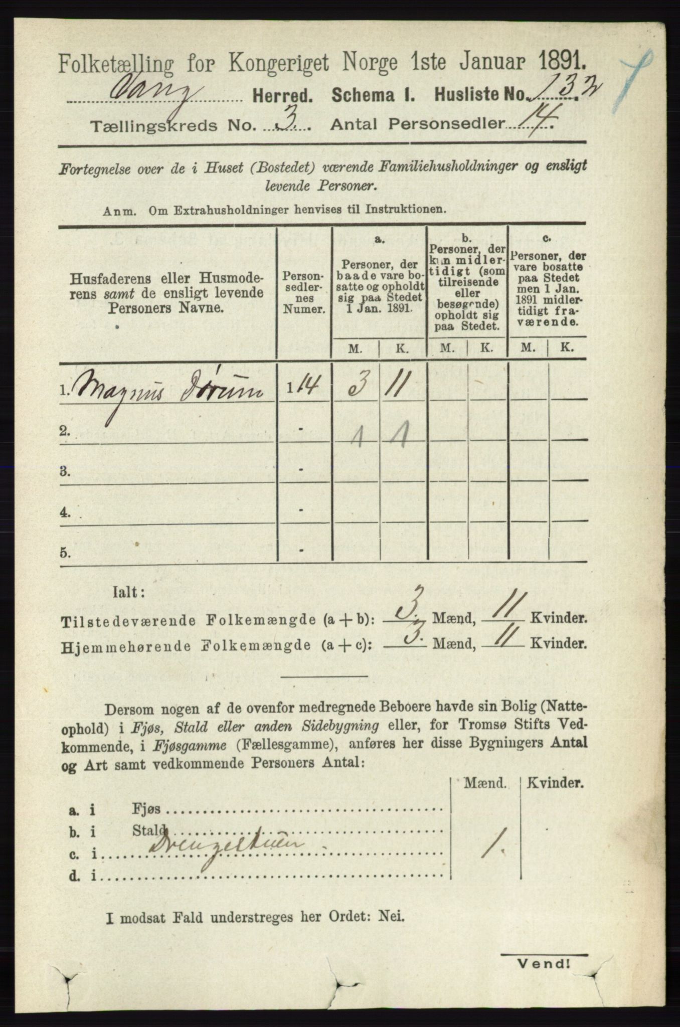 RA, 1891 census for 0414 Vang, 1891, p. 1884