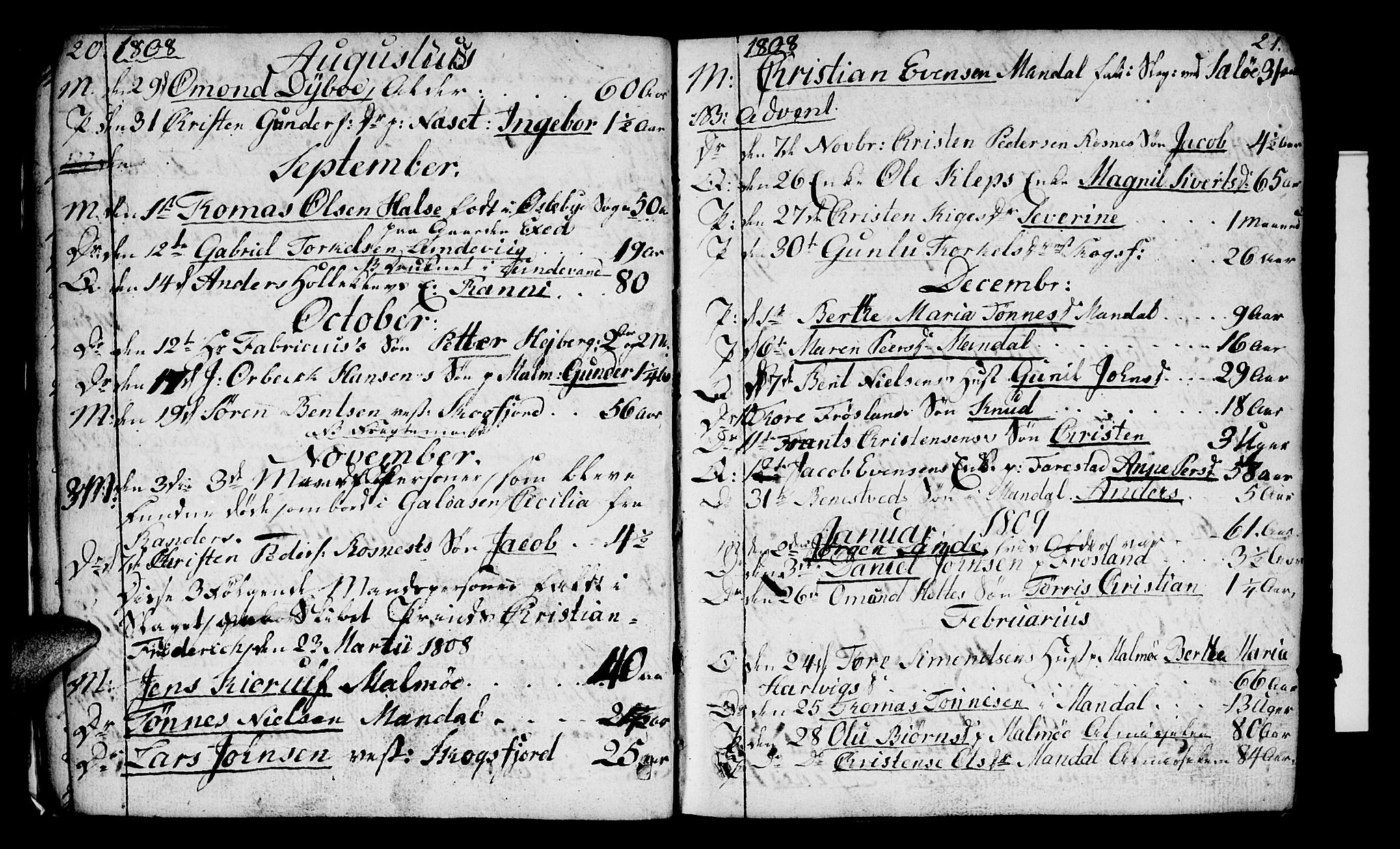 Mandal sokneprestkontor, AV/SAK-1111-0030/F/Fa/Faa/L0009: Parish register (official) no. A 9, 1804-1818, p. 20-21