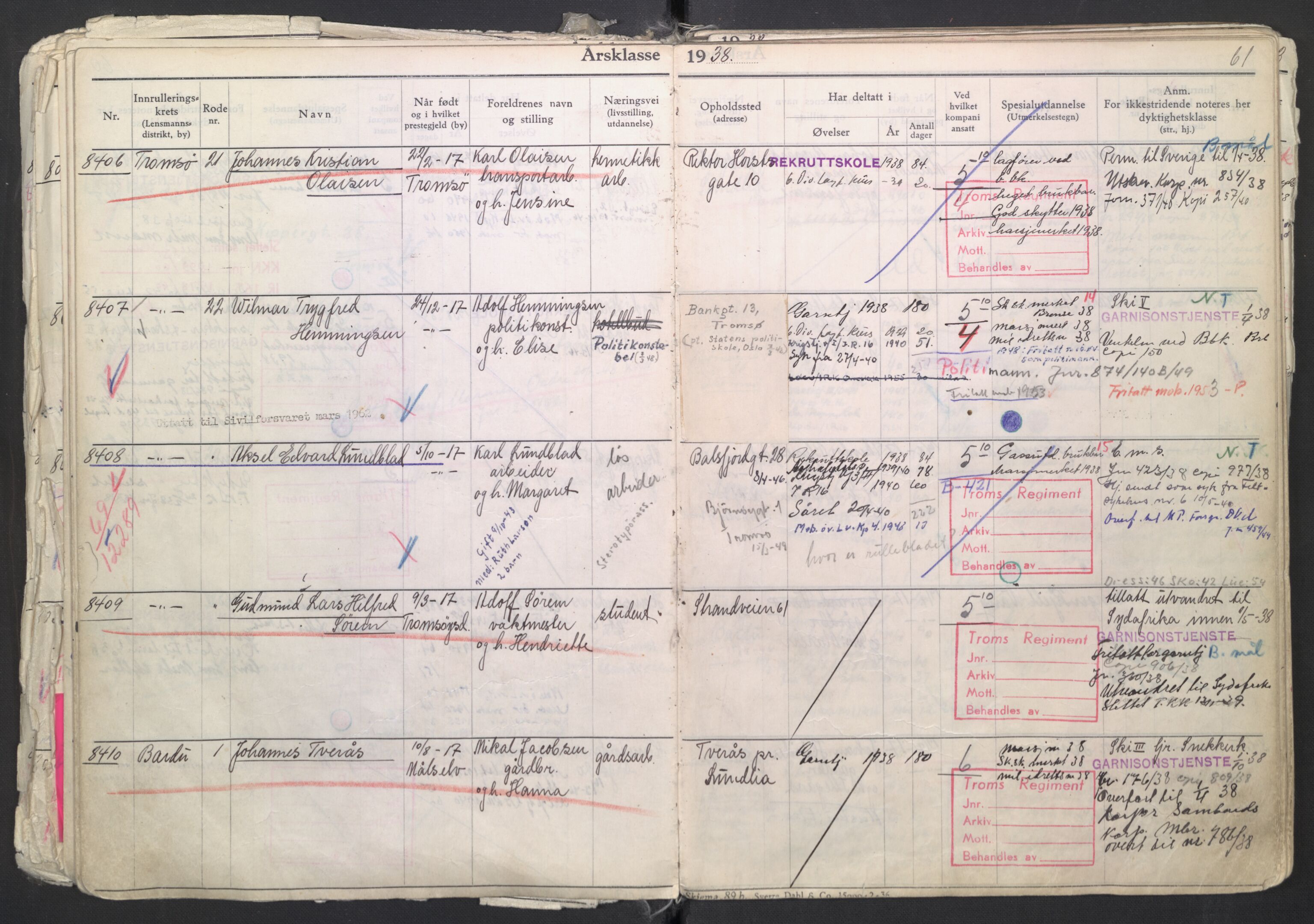 Forsvaret, Troms infanteriregiment nr. 16, AV/RA-RAFA-3146/P/Pa/L0007/0003: Ruller / Rulle for regimentets menige mannskaper, årsklasse 1938, 1938, p. 61