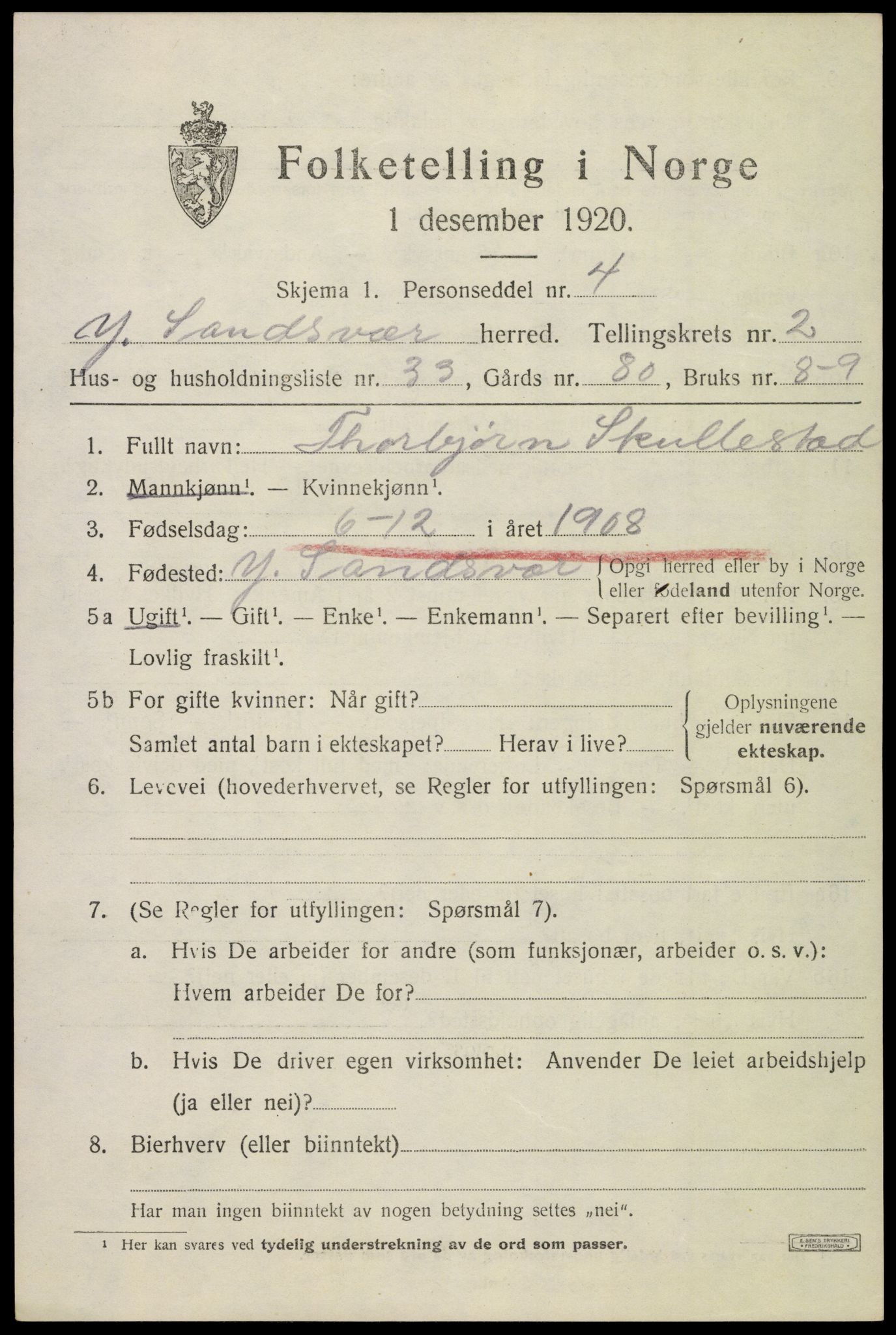 SAKO, 1920 census for Ytre Sandsvær, 1920, p. 3010