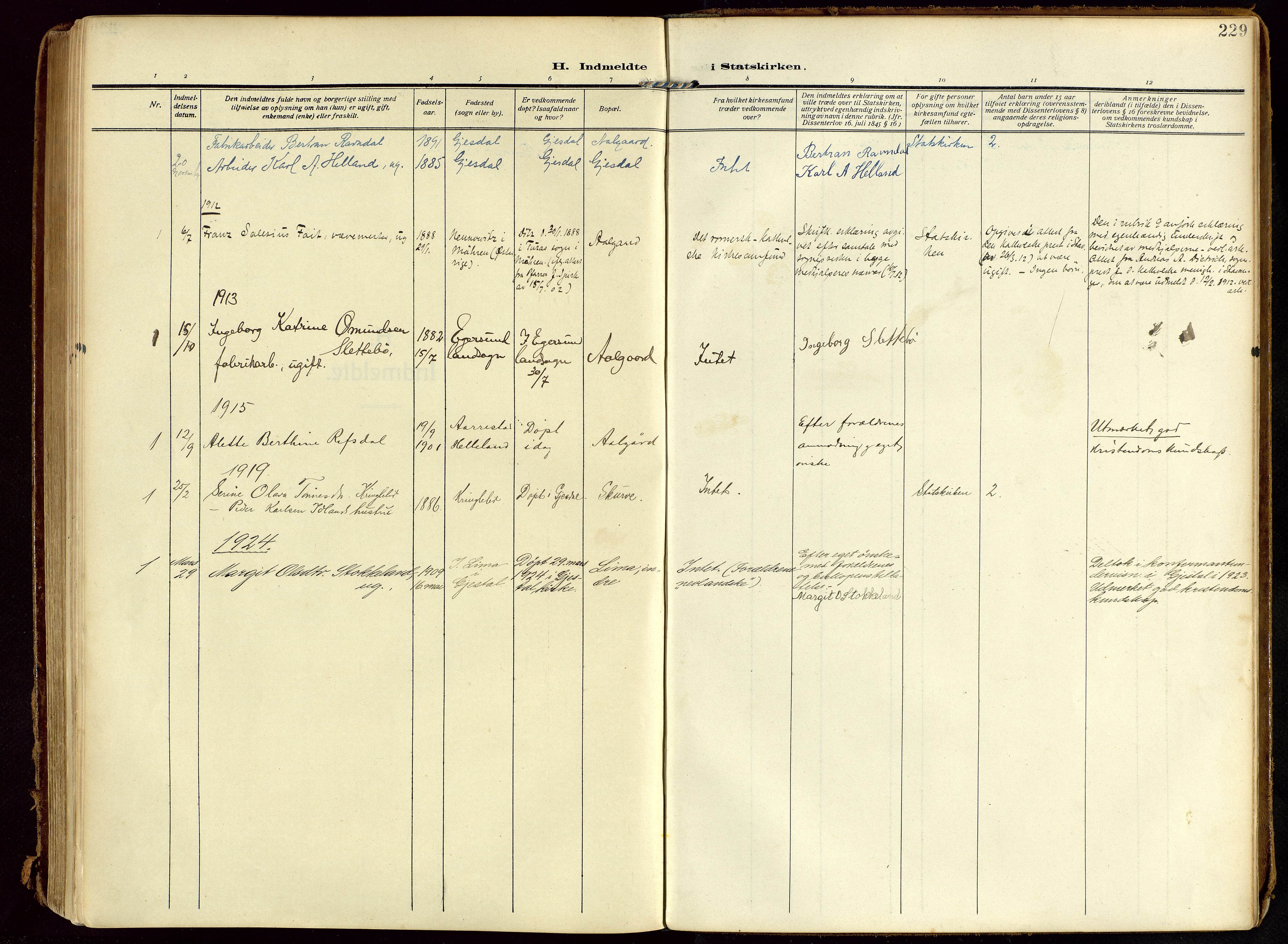 Lye sokneprestkontor, SAST/A-101794/002/B/L0001: Parish register (official) no. A 13, 1910-1925, p. 229