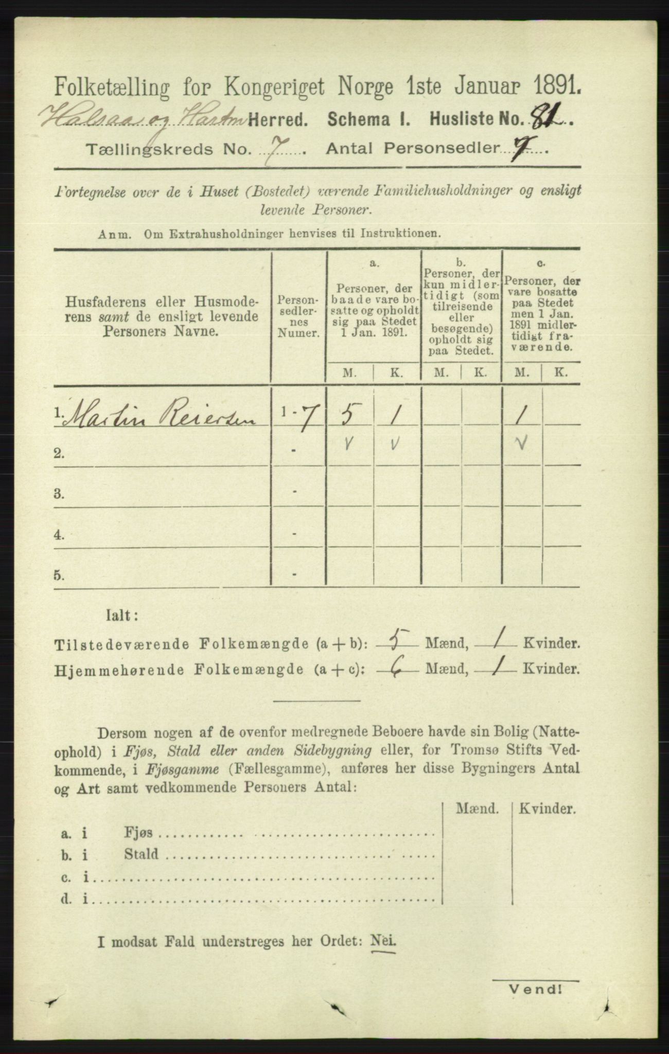 RA, 1891 census for 1019 Halse og Harkmark, 1891, p. 2737