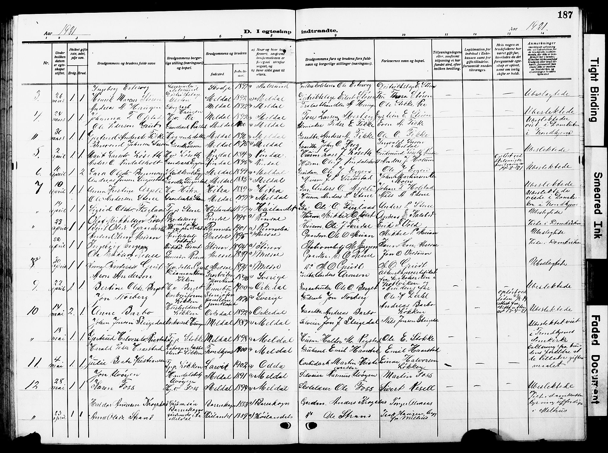 Ministerialprotokoller, klokkerbøker og fødselsregistre - Sør-Trøndelag, SAT/A-1456/672/L0865: Parish register (copy) no. 672C04, 1914-1928, p. 187