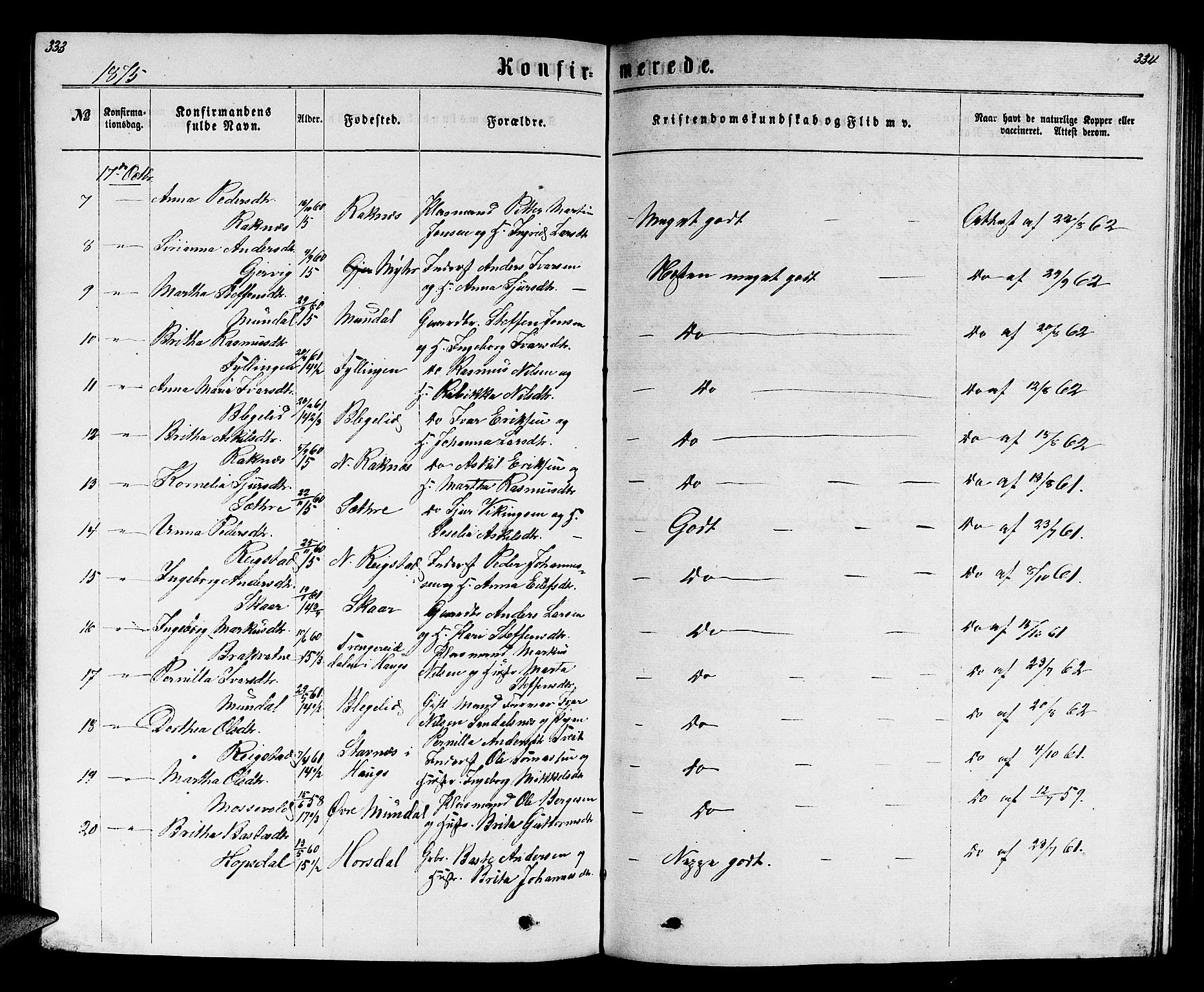 Hamre sokneprestembete, SAB/A-75501/H/Ha/Hab: Parish register (copy) no. B 2, 1863-1880, p. 333-334