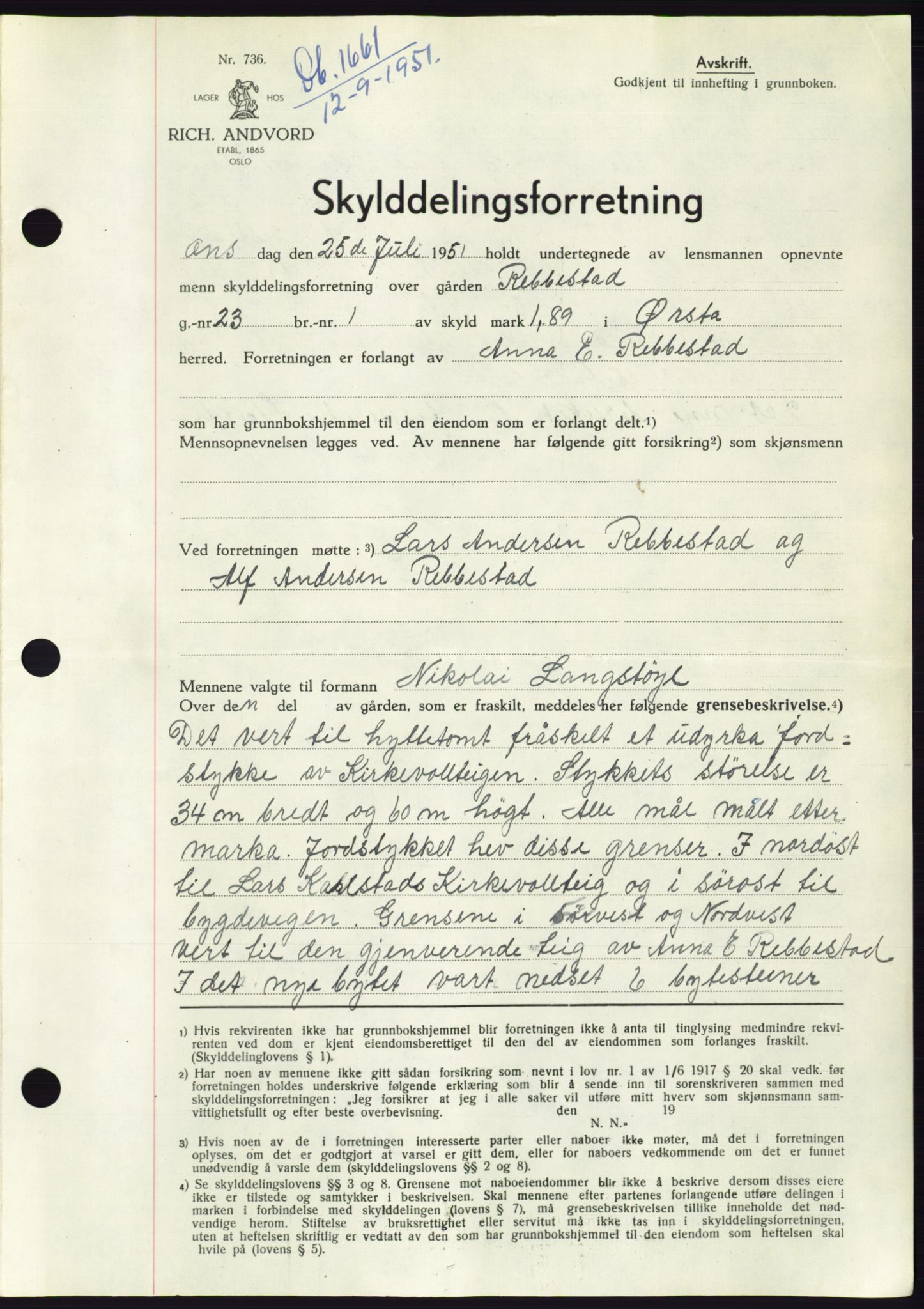 Søre Sunnmøre sorenskriveri, AV/SAT-A-4122/1/2/2C/L0089: Mortgage book no. 15A, 1951-1951, Diary no: : 1661/1951