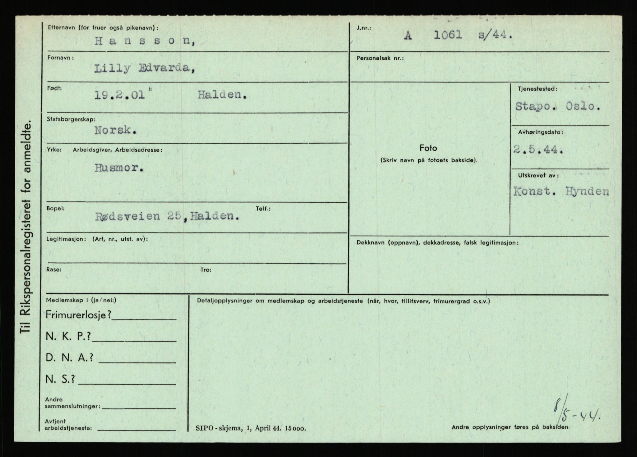 Statspolitiet - Hovedkontoret / Osloavdelingen, AV/RA-S-1329/C/Ca/L0006: Hanche - Hokstvedt, 1943-1945, p. 1726