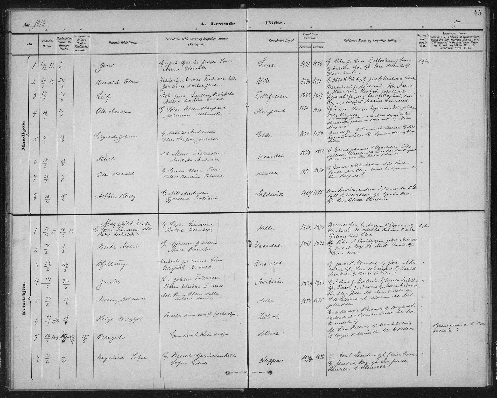 Fjaler sokneprestembete, AV/SAB-A-79801/H/Hab/Habb/L0002: Parish register (copy) no. B 2, 1895-1915, p. 45