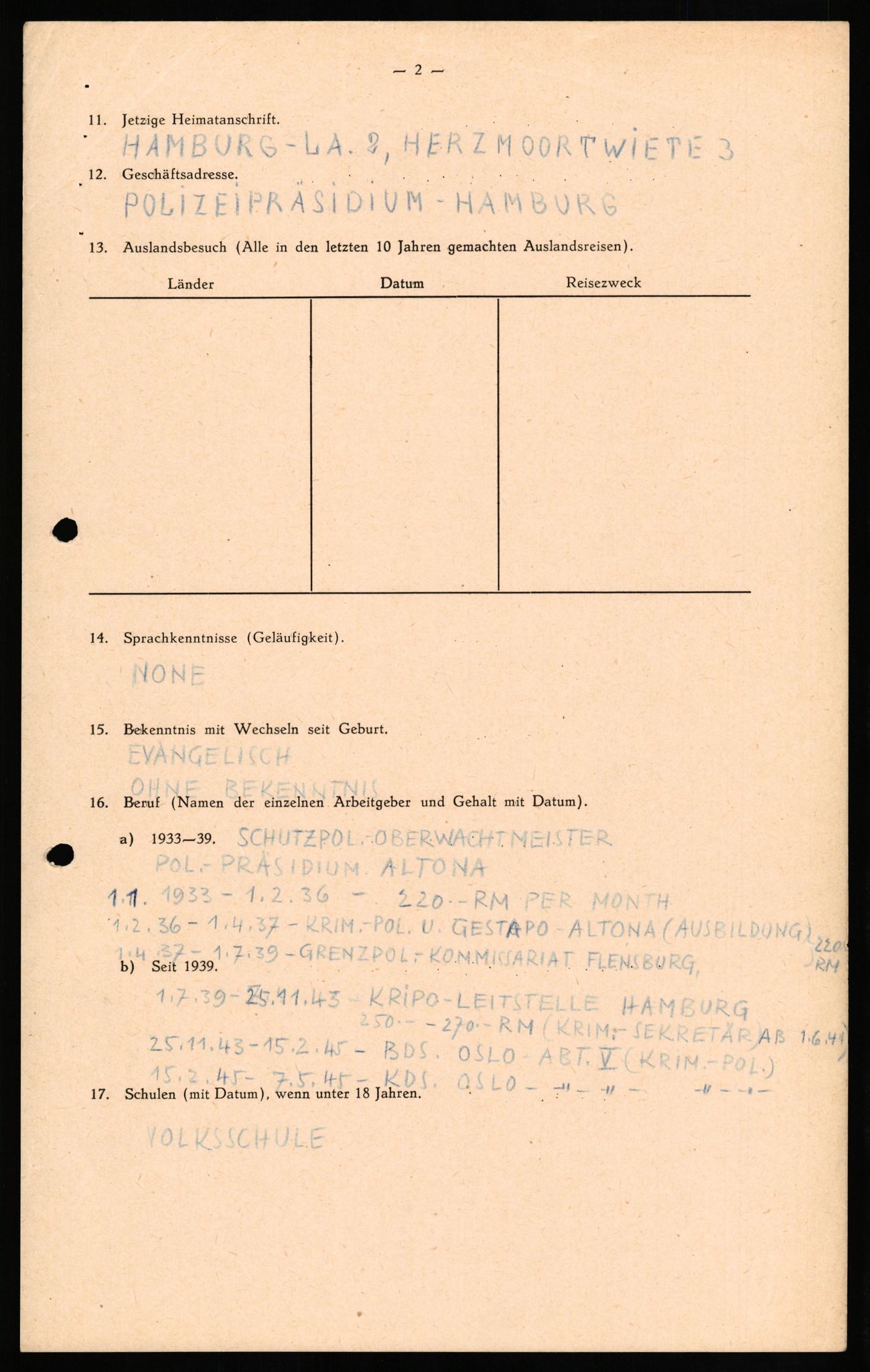 Forsvaret, Forsvarets overkommando II, AV/RA-RAFA-3915/D/Db/L0021: CI Questionaires. Tyske okkupasjonsstyrker i Norge. Tyskere., 1945-1946, p. 3