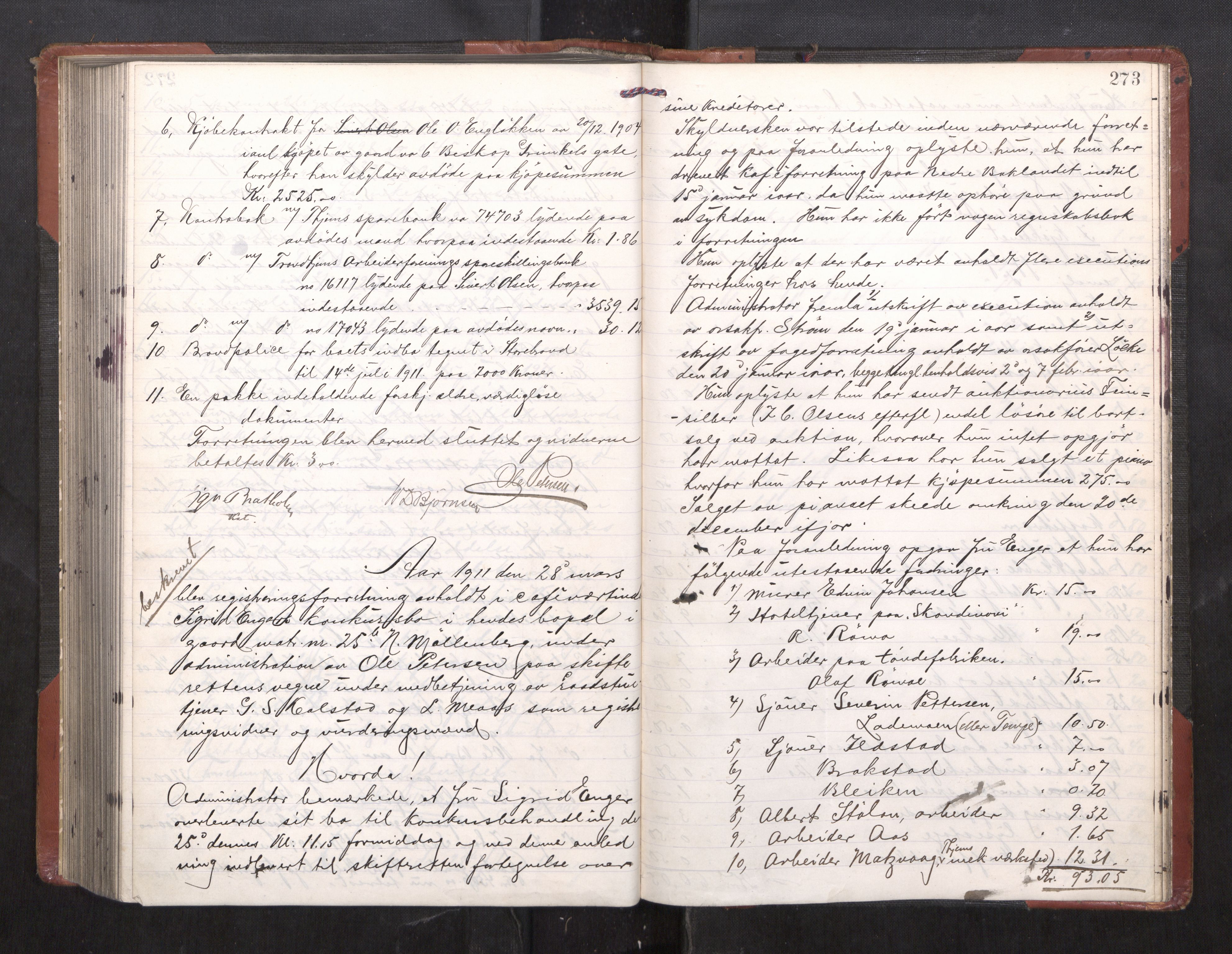 Trondheim byfogd, AV/SAT-A-0003/1/3/3C/L0027: Skifteregistreringsprotokoll - 10/12-30/6. (u/ register), 1907-1911, p. 273