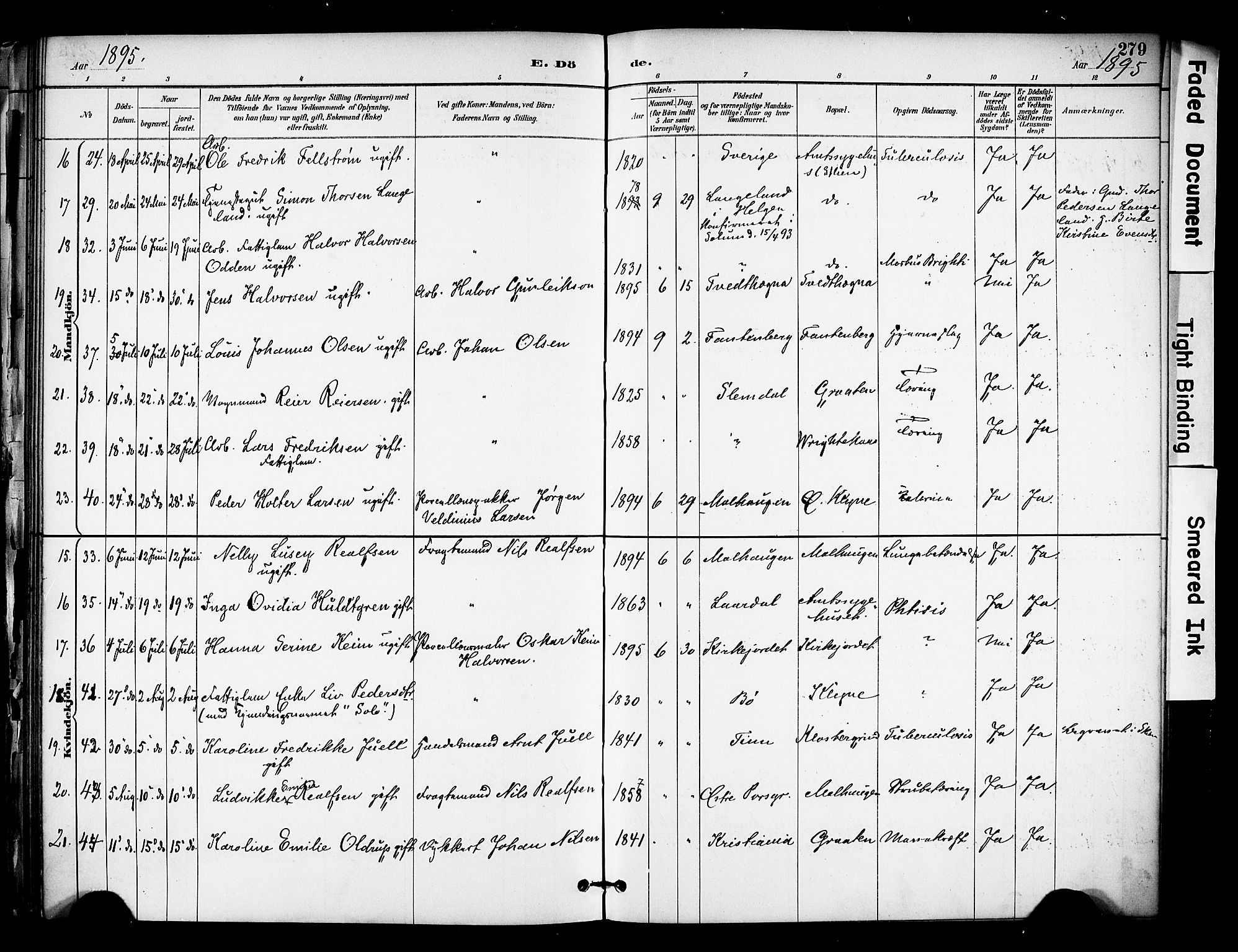 Solum kirkebøker, SAKO/A-306/F/Fa/L0010: Parish register (official) no. I 10, 1888-1898, p. 279