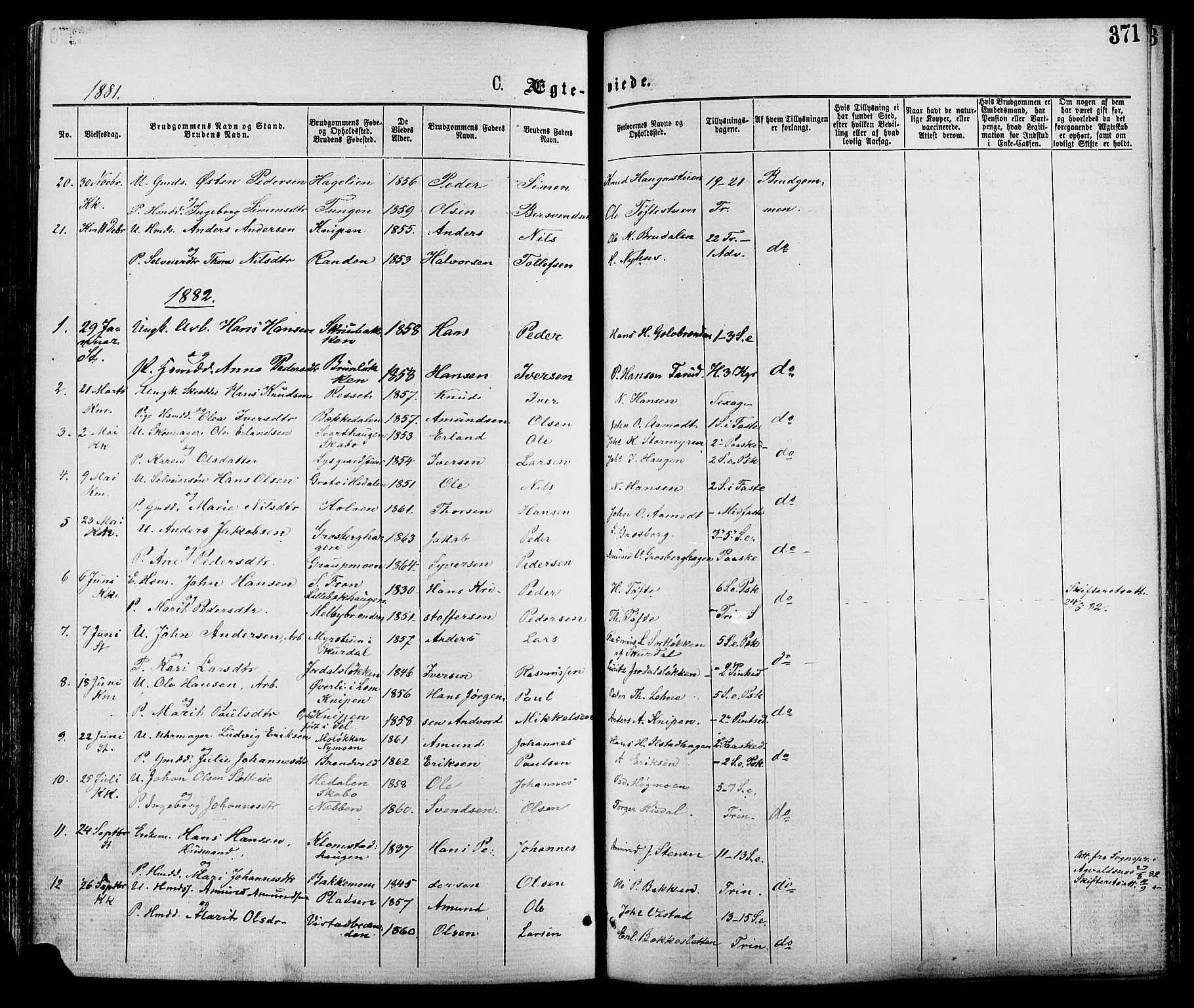 Nord-Fron prestekontor, SAH/PREST-080/H/Ha/Haa/L0002: Parish register (official) no. 2, 1865-1883, p. 371