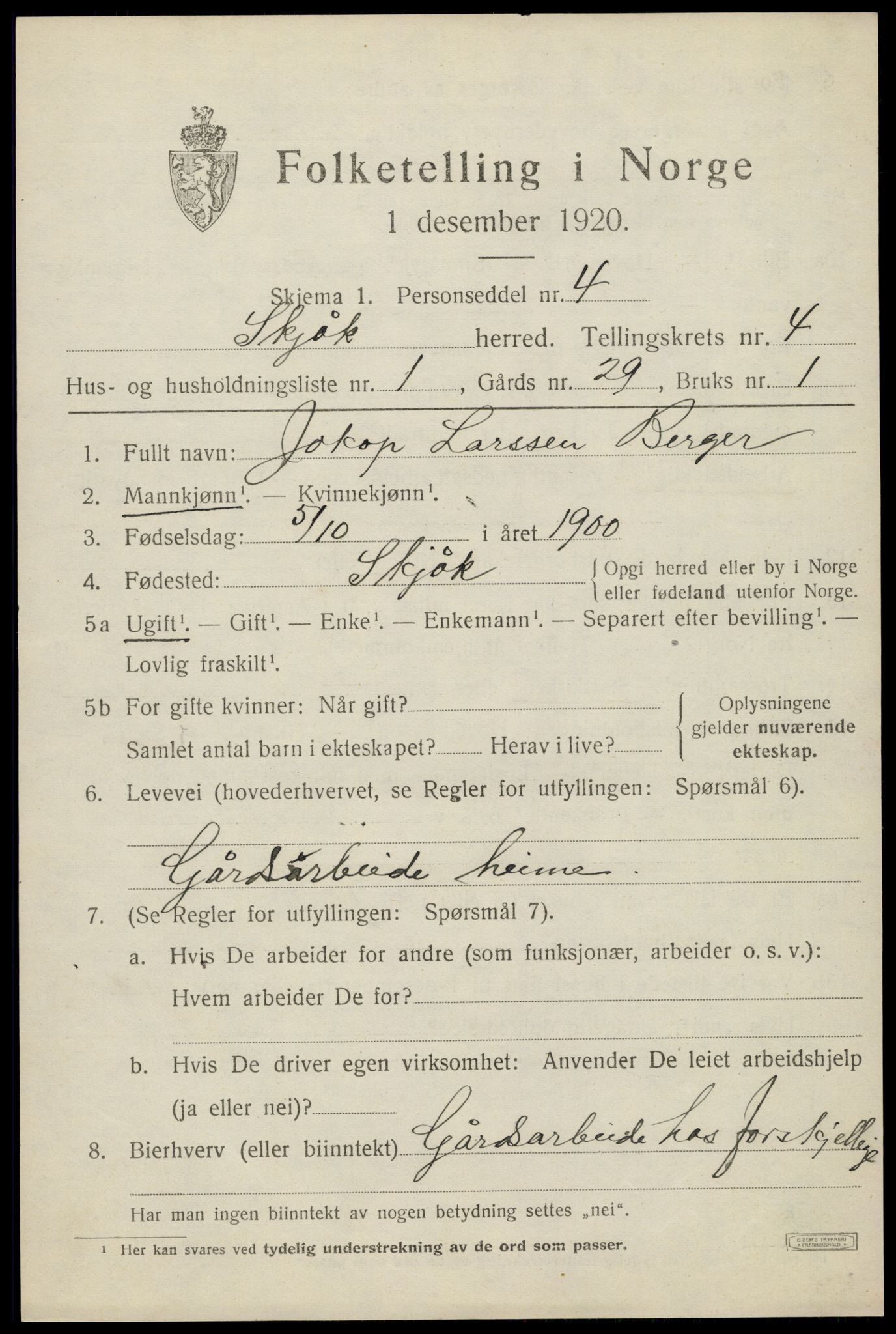 SAH, 1920 census for Skjåk, 1920, p. 2104