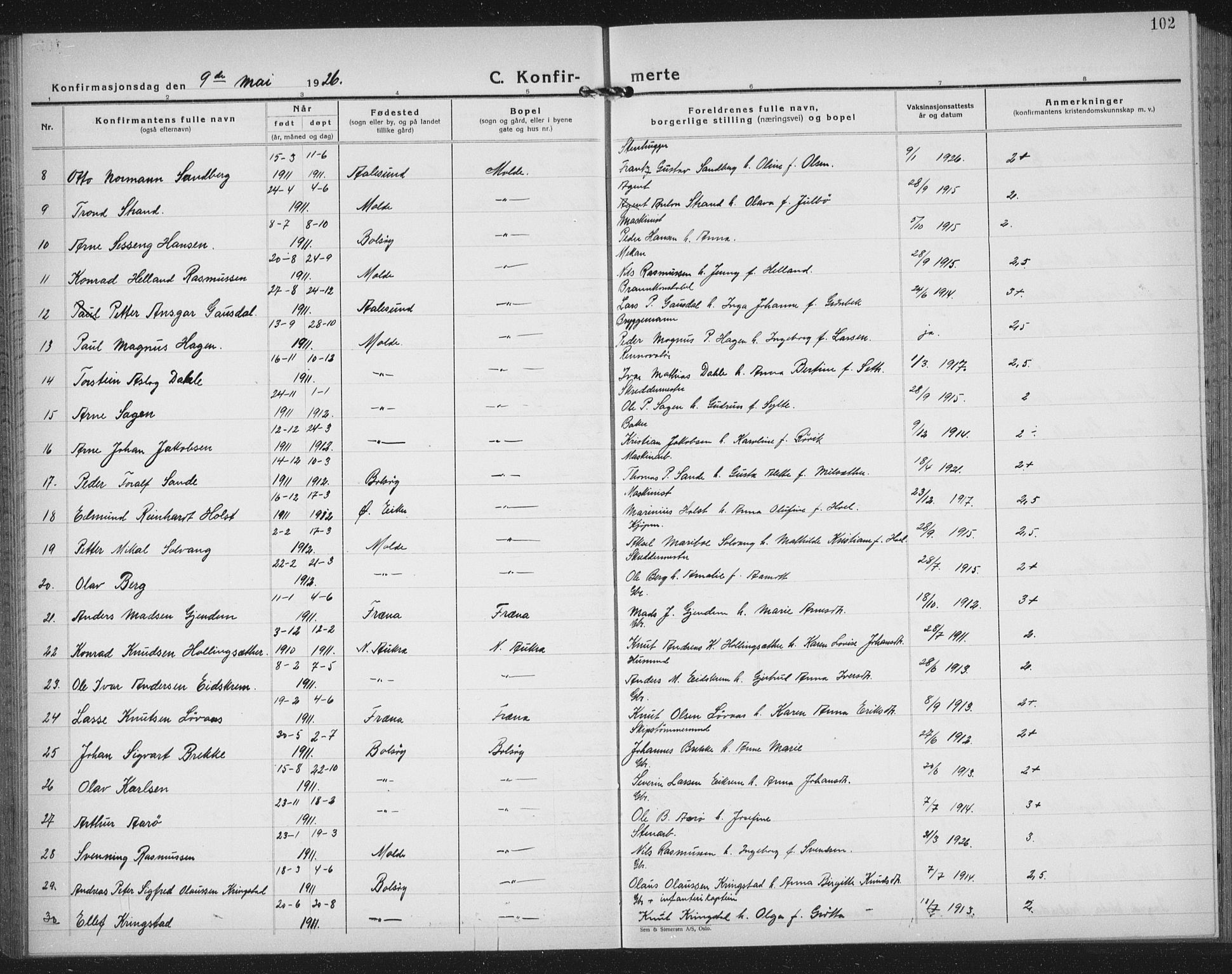 Ministerialprotokoller, klokkerbøker og fødselsregistre - Møre og Romsdal, AV/SAT-A-1454/558/L0704: Parish register (copy) no. 558C05, 1921-1942, p. 102