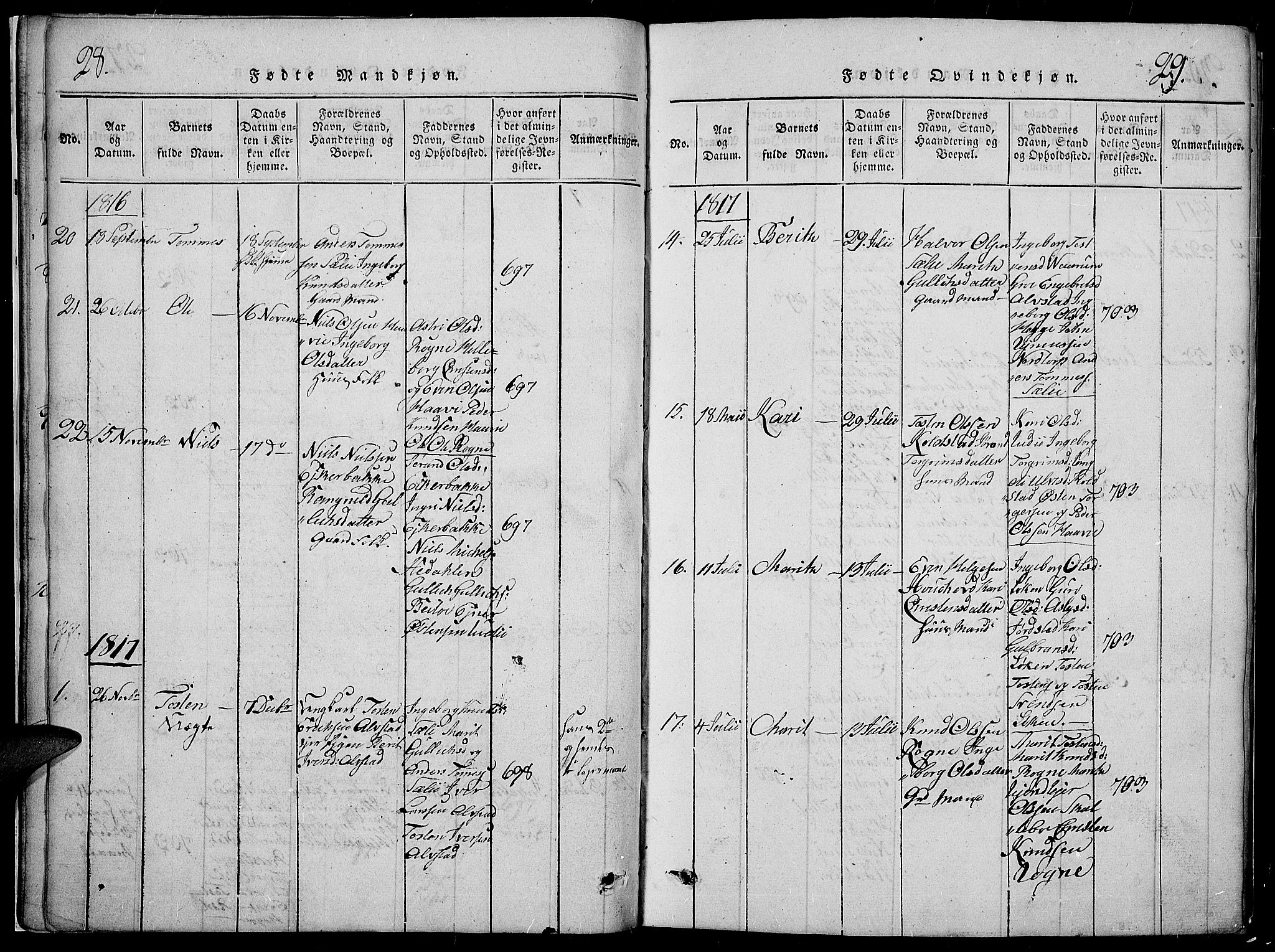 Slidre prestekontor, SAH/PREST-134/H/Ha/Hab/L0002: Parish register (copy) no. 2, 1814-1839, p. 28-29
