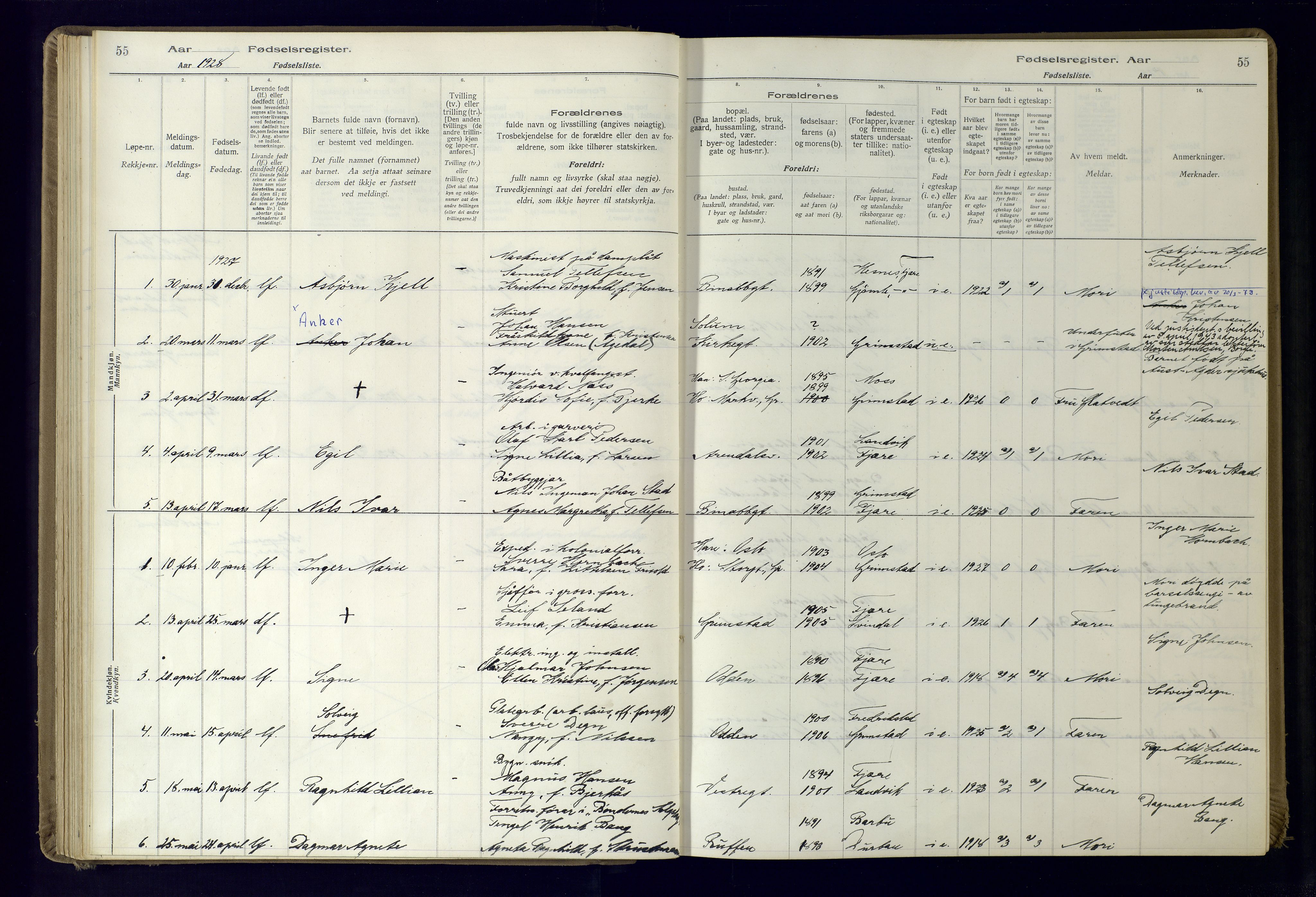 Grimstad sokneprestkontor, AV/SAK-1111-0017/J/Ja/L0001: Birth register no. 1, 1916-1960, p. 55