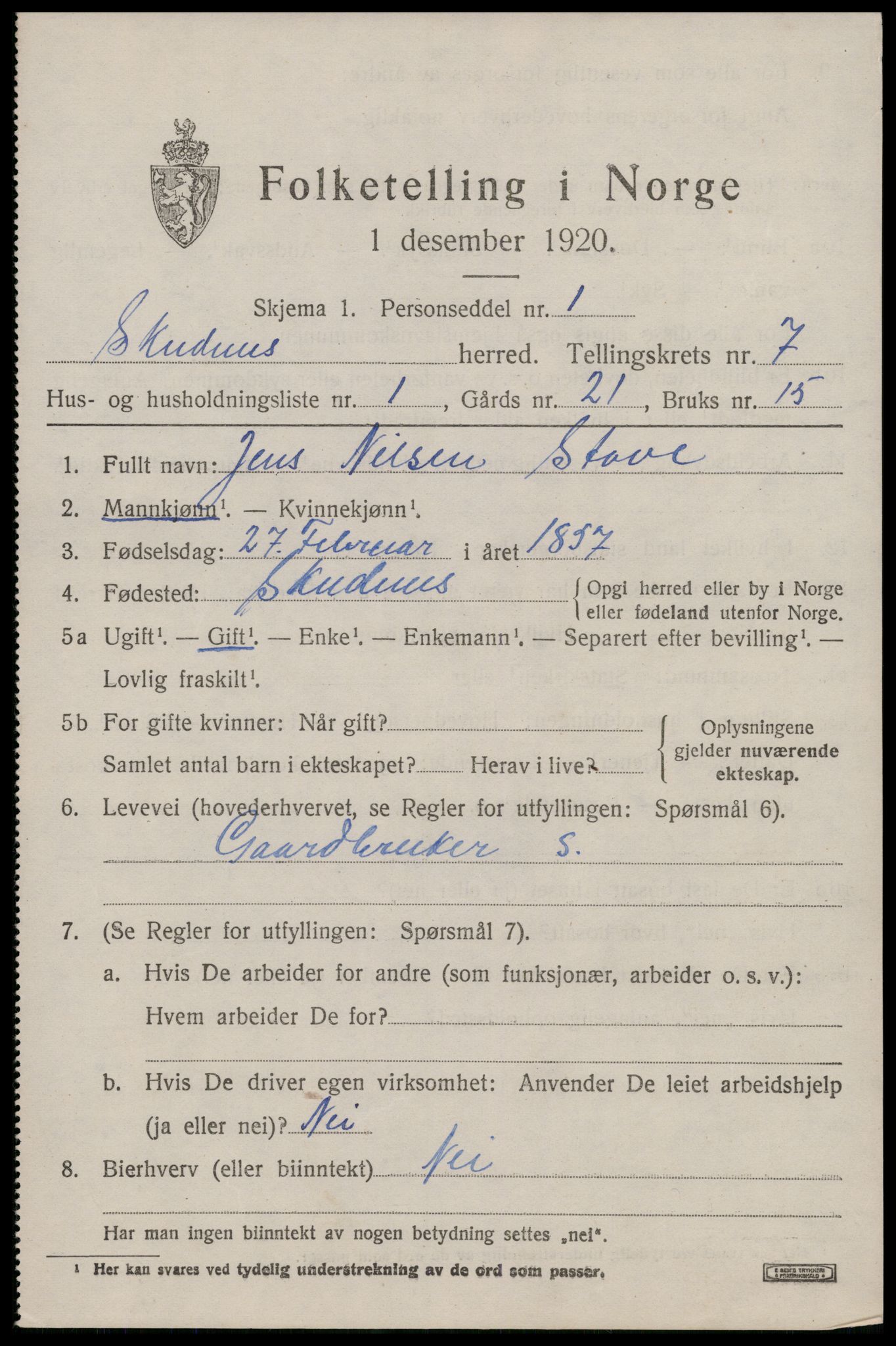 SAST, 1920 census for Skudenes, 1920, p. 5520