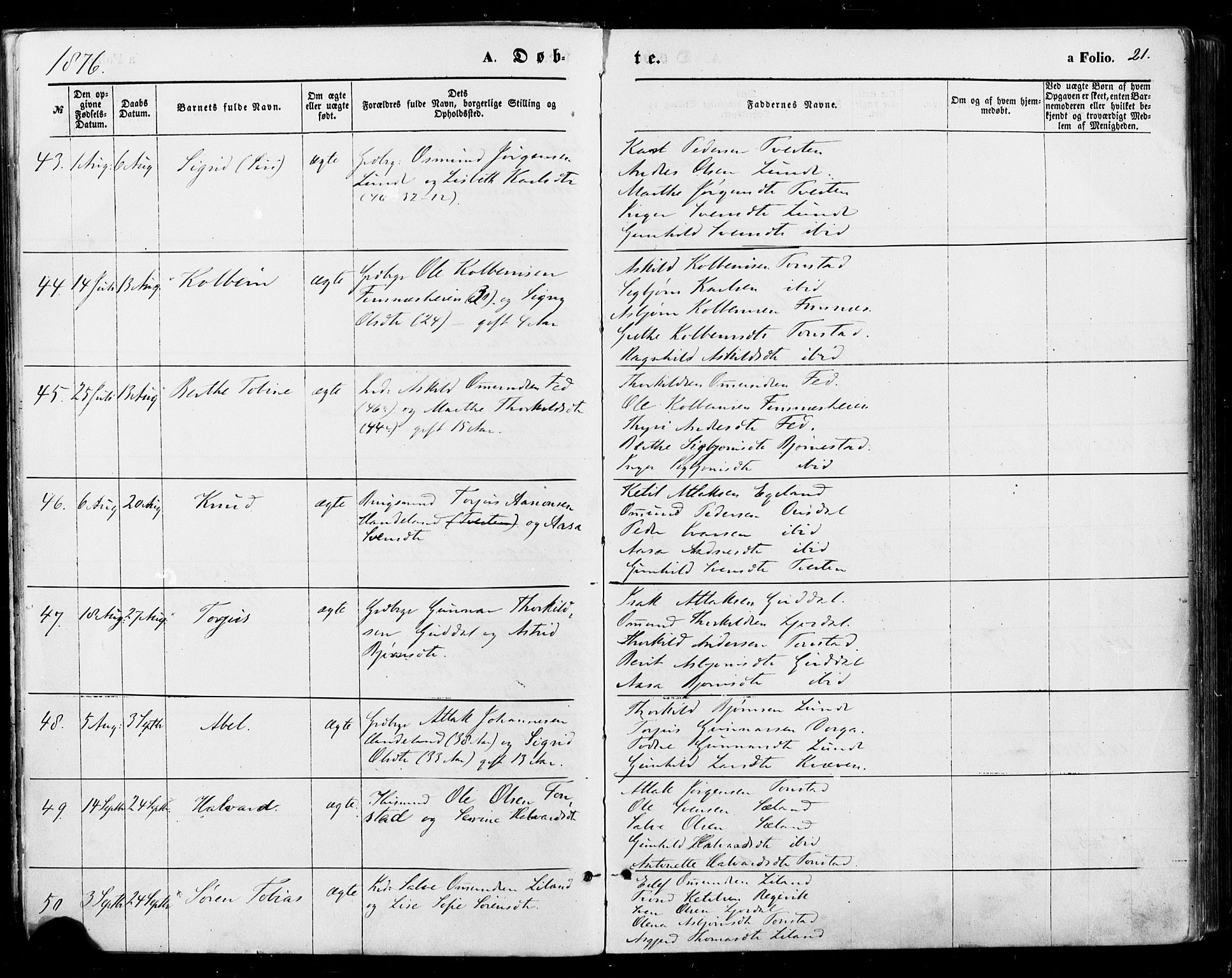 Sirdal sokneprestkontor, AV/SAK-1111-0036/F/Fa/Fab/L0003: Parish register (official) no. A 3, 1874-1886, p. 21