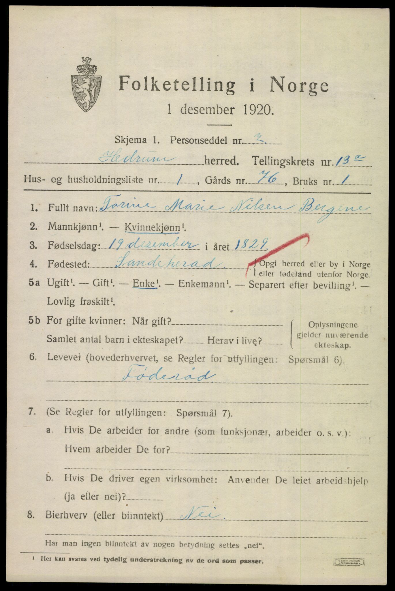 SAKO, 1920 census for Hedrum, 1920, p. 8601