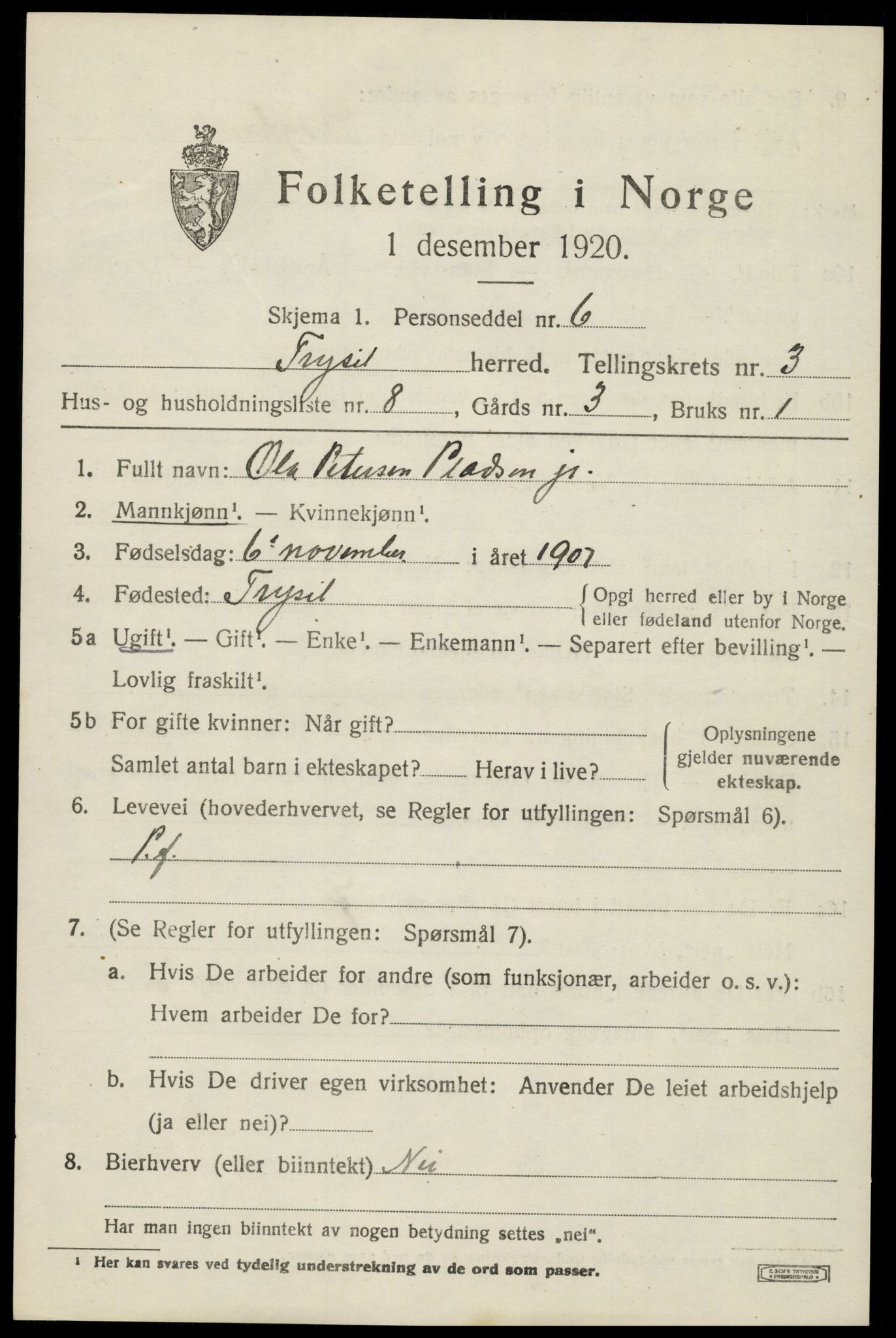 SAH, 1920 census for Trysil, 1920, p. 3575