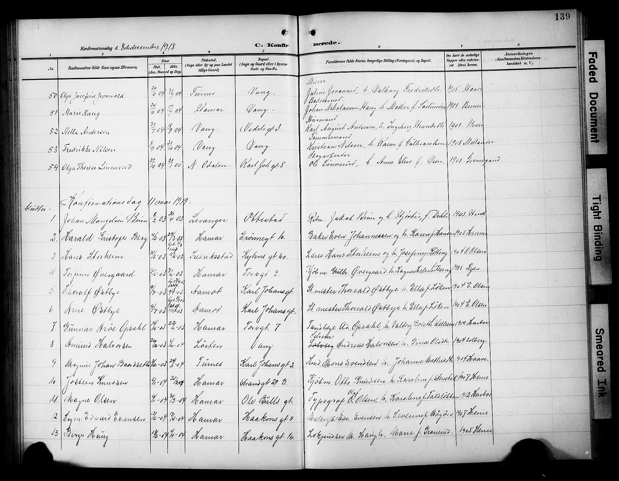 Hamar prestekontor, SAH/DOMPH-002/H/Ha/Hab/L0002: Parish register (copy) no. 2, 1899-1929, p. 139