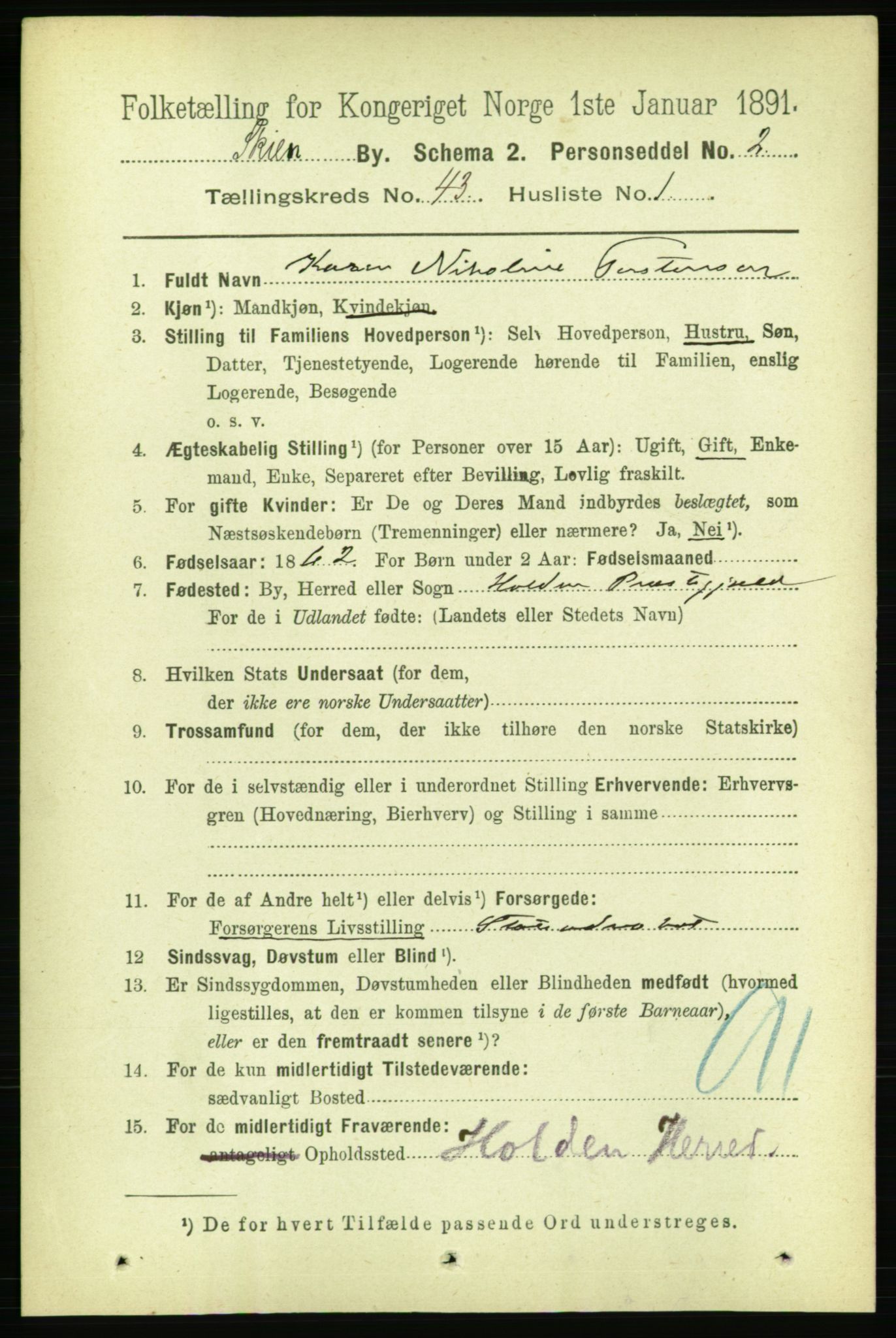 RA, 1891 census for 0806 Skien, 1891, p. 8588