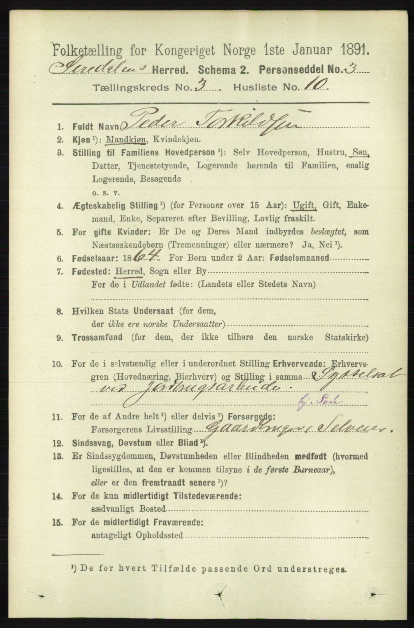 RA, 1891 census for 1046 Sirdal, 1891, p. 724