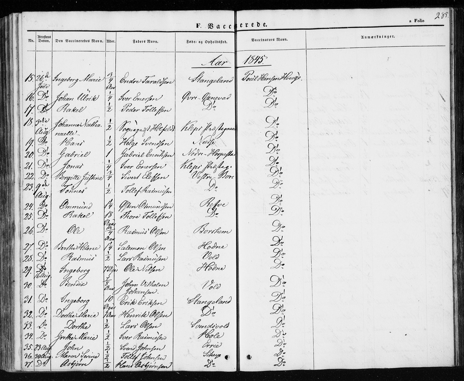 Klepp sokneprestkontor, AV/SAST-A-101803/001/3/30BA/L0004: Parish register (official) no. A 4, 1842-1852, p. 285