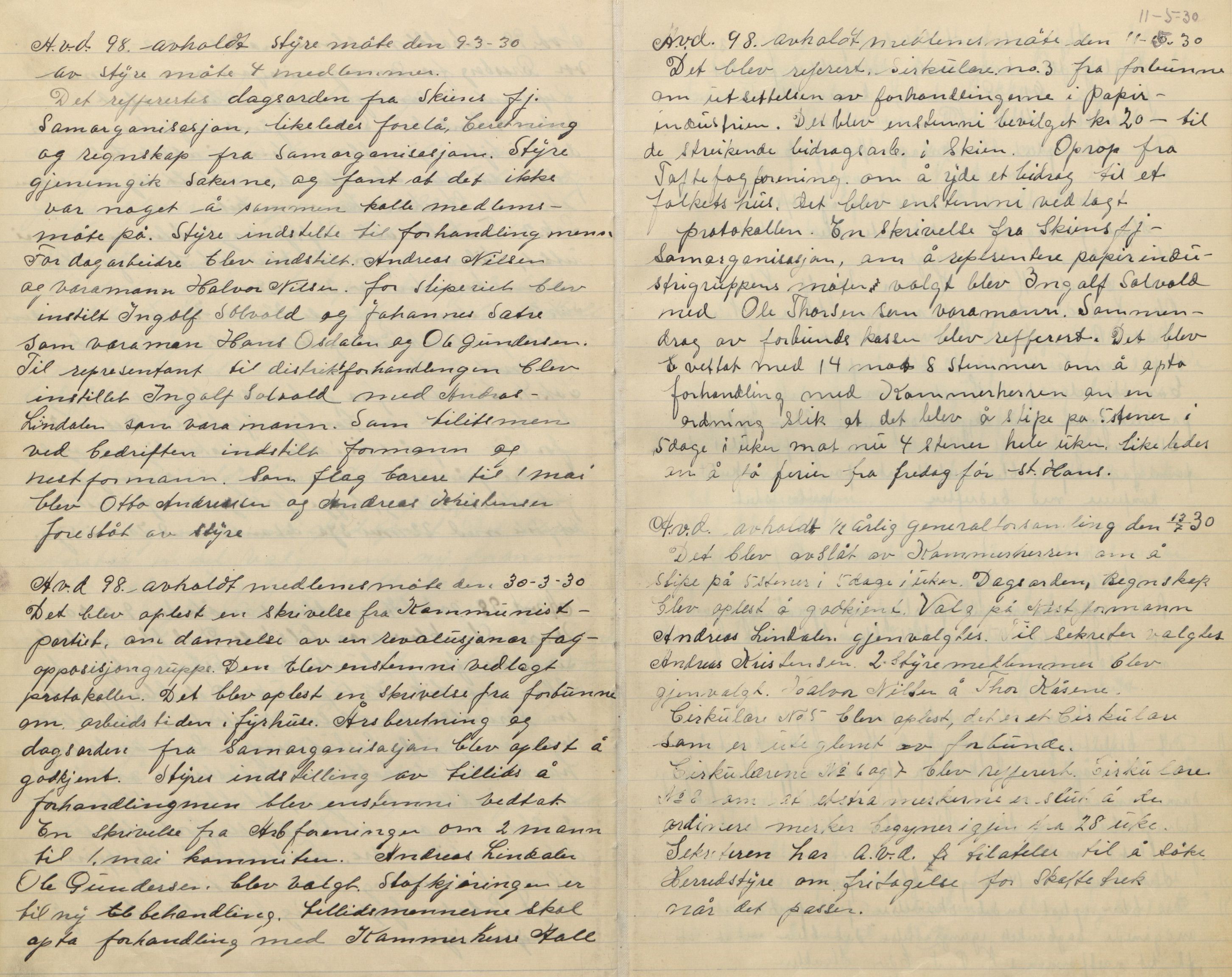 Ulefoss Sliperiearbeiderforening, avdeling 98 av Norsk Papirarbeiderforbunds arkiv , AAT/AAT-819001/A/L0001: Møtebok, 1928-1938