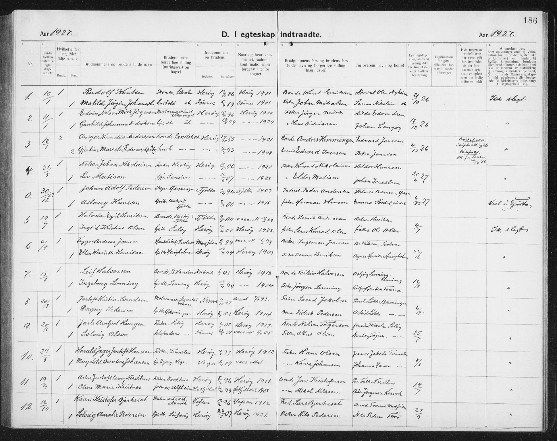 Ministerialprotokoller, klokkerbøker og fødselsregistre - Nordland, SAT/A-1459/834/L0517: Parish register (copy) no. 834C07, 1919-1939, p. 186