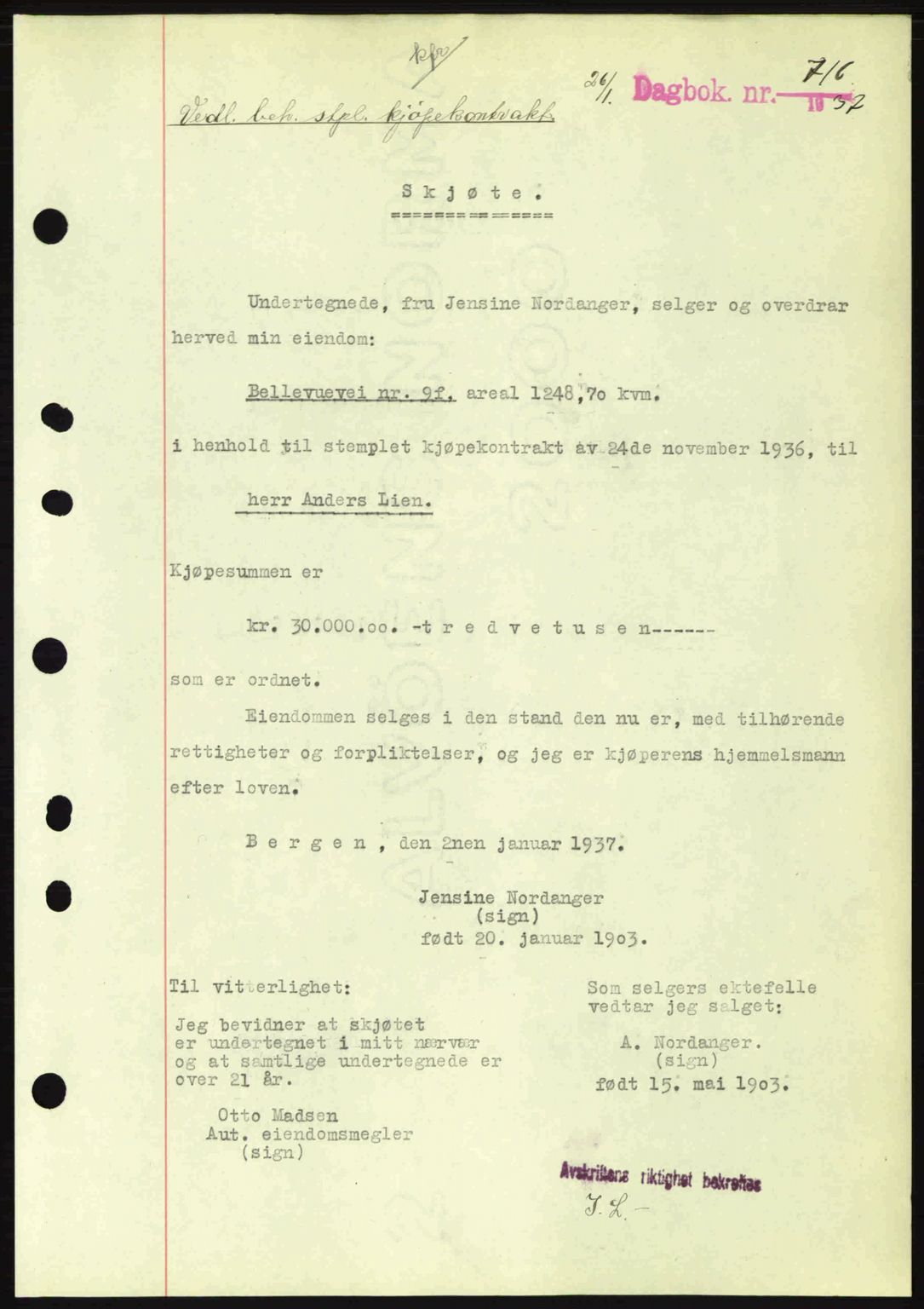 Byfogd og Byskriver i Bergen, SAB/A-3401/03/03Bc/L0004: Mortgage book no. A3-4, 1936-1937, Diary no: : 716/1937