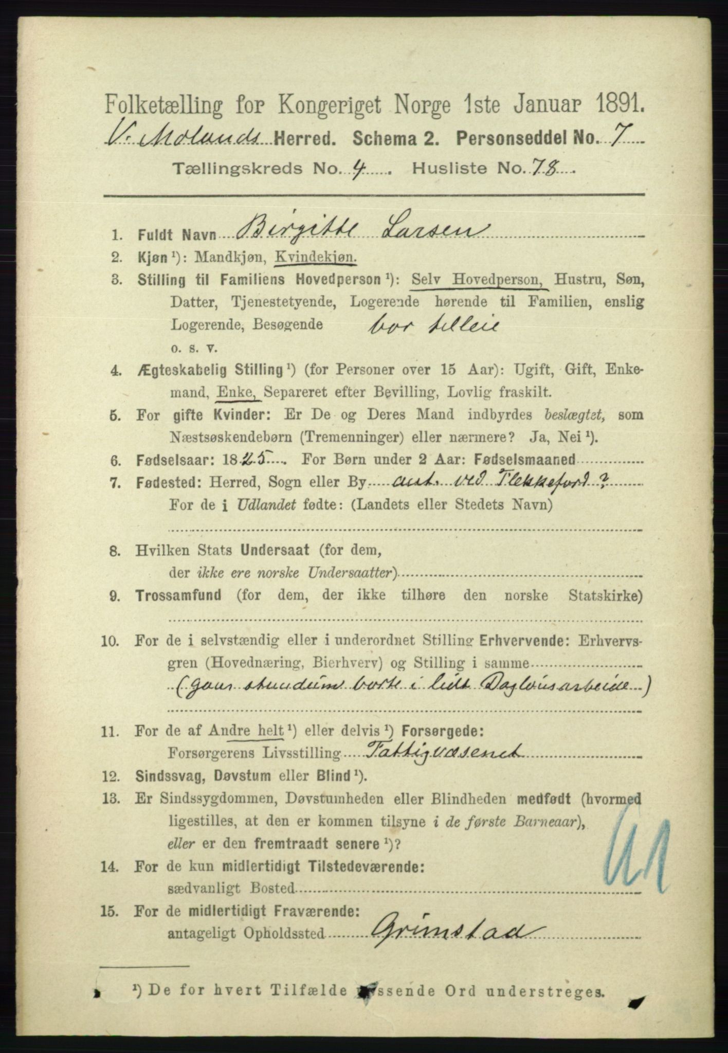 RA, 1891 census for 0926 Vestre Moland, 1891, p. 1748