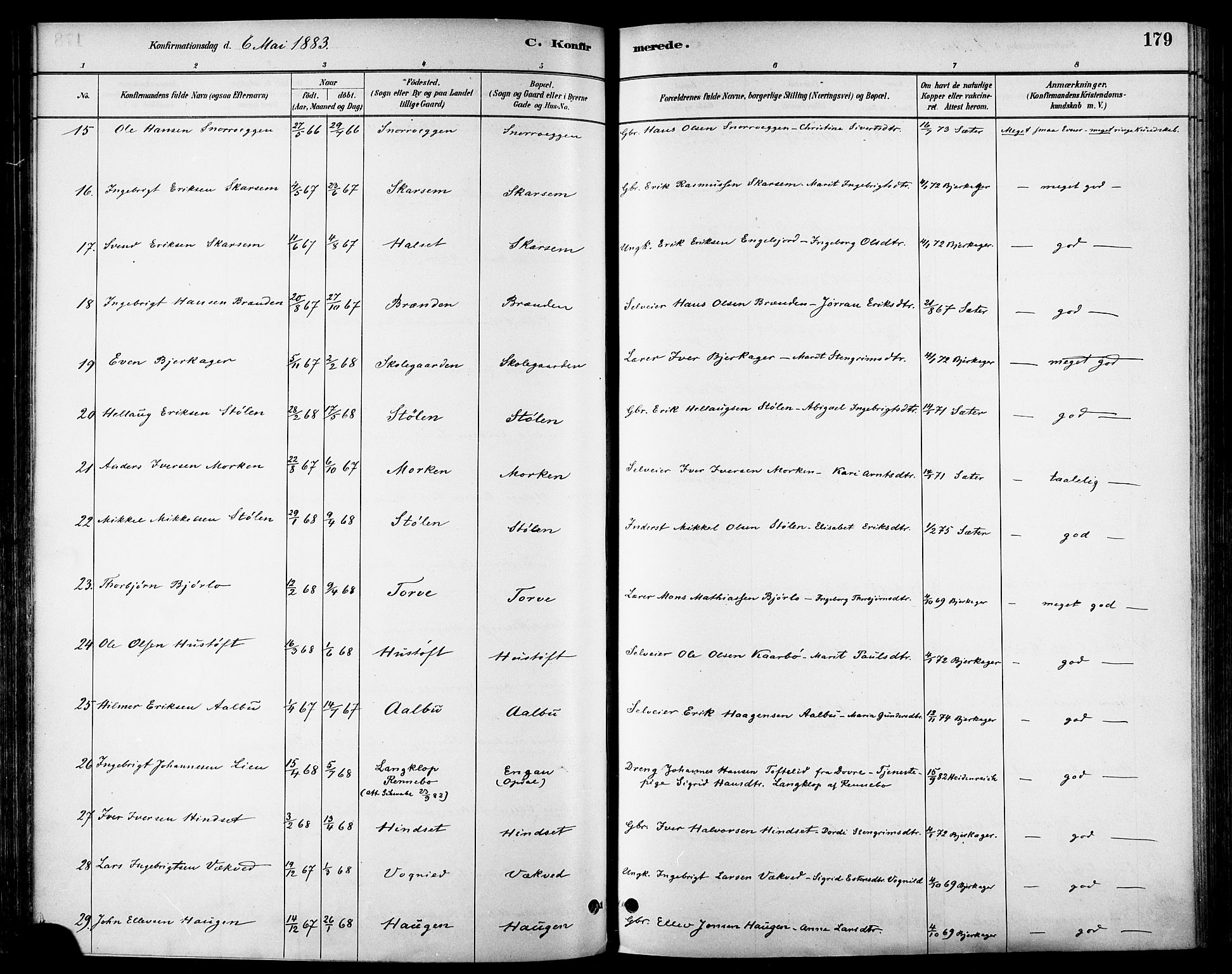 Ministerialprotokoller, klokkerbøker og fødselsregistre - Sør-Trøndelag, AV/SAT-A-1456/678/L0901: Parish register (official) no. 678A10, 1881-1894, p. 179