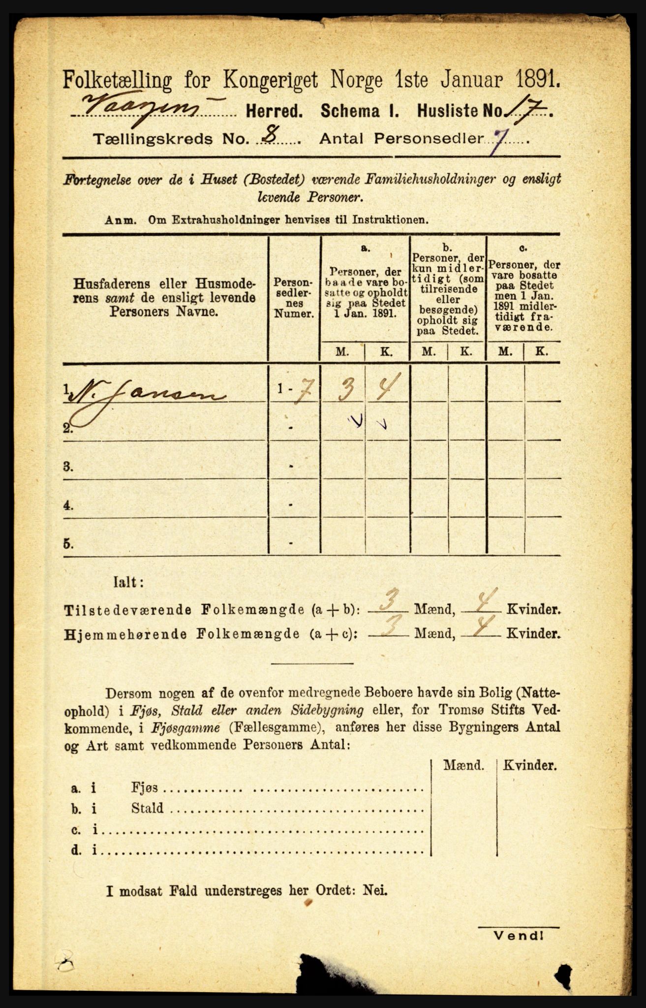 RA, 1891 census for 1865 Vågan, 1891, p. 2090