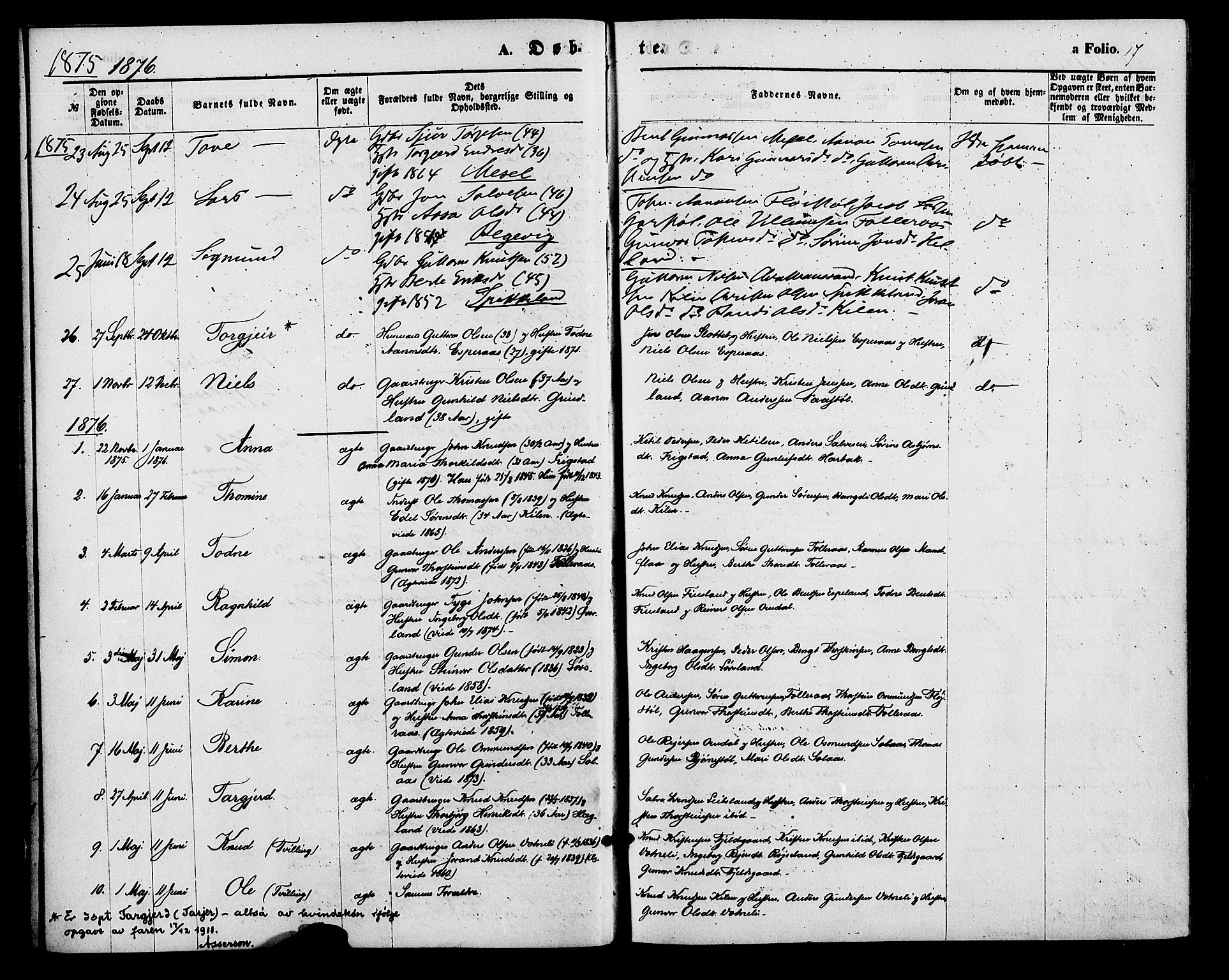 Bjelland sokneprestkontor, SAK/1111-0005/F/Fa/Fab/L0003: Parish register (official) no. A 3, 1870-1887, p. 17